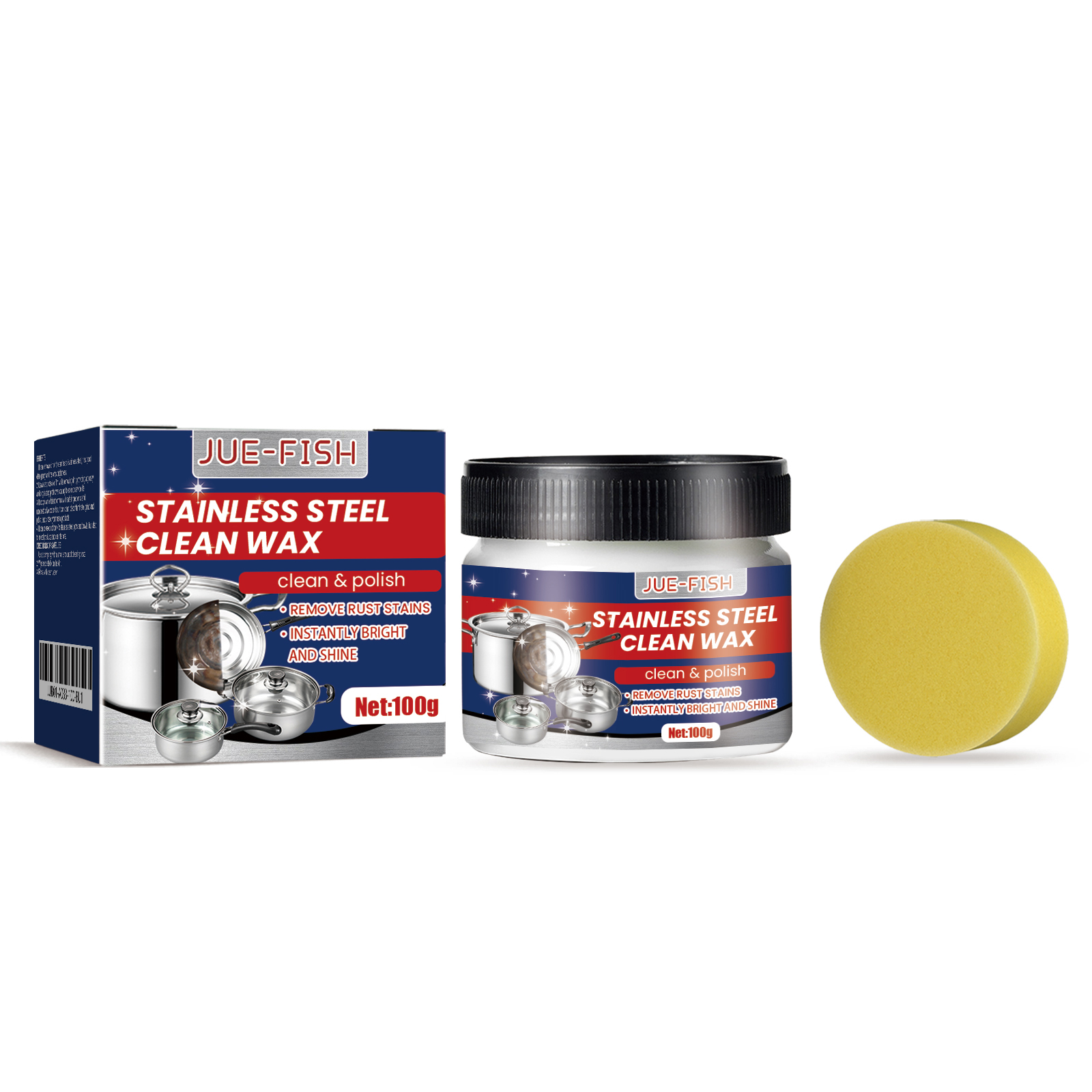 Compact yellow cleaning wax jar and retail box