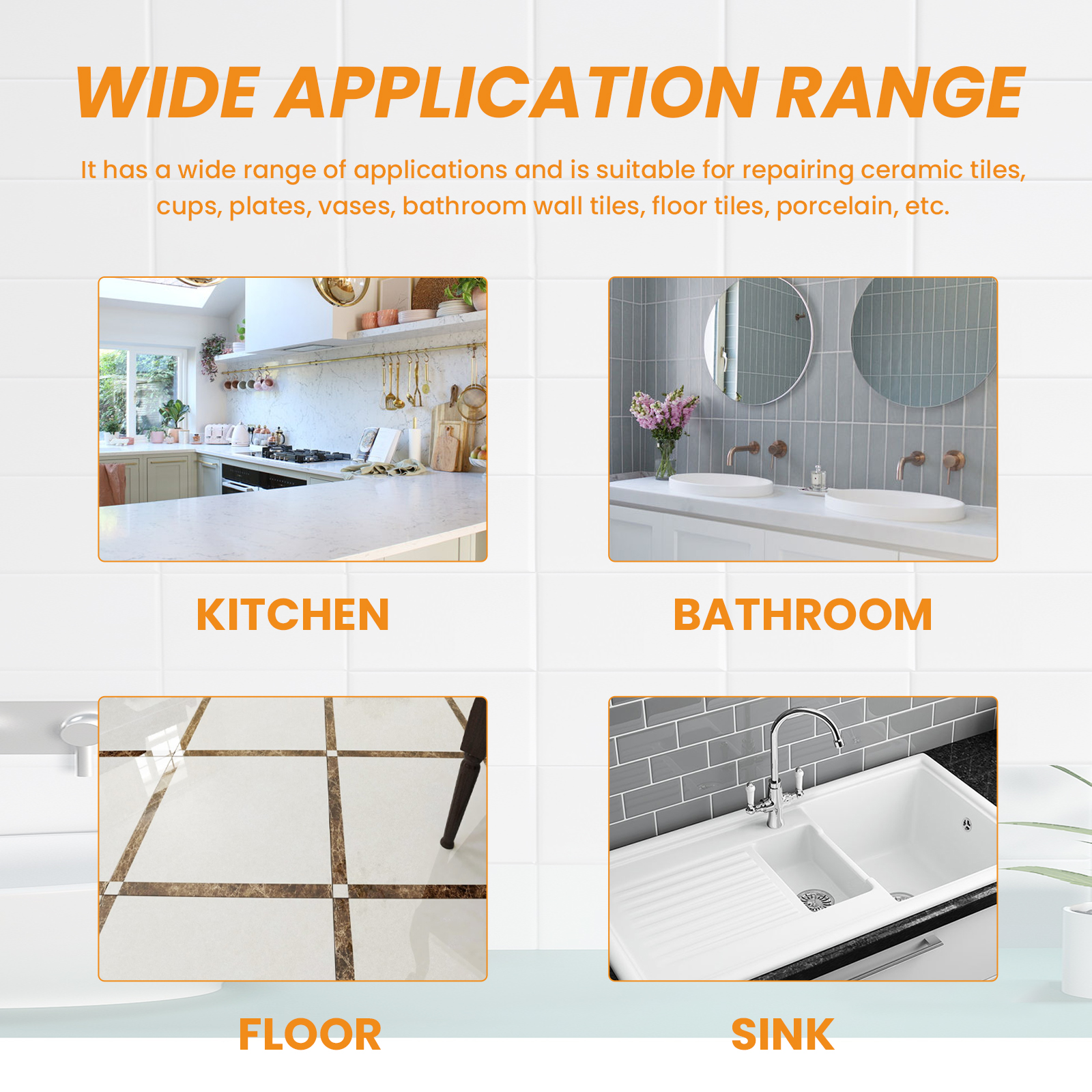 Tile repair applications in kitchen bathroom and floor