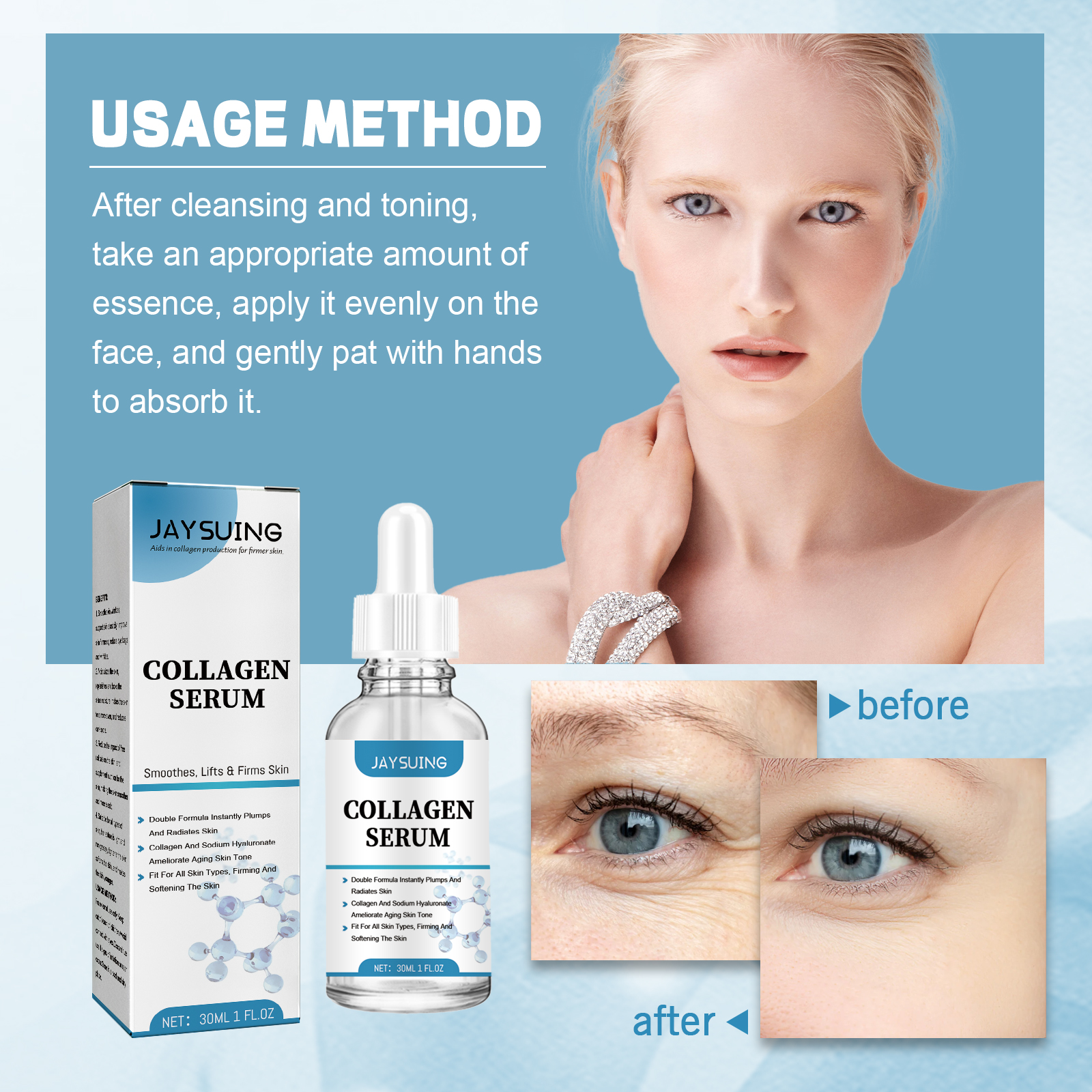 Blue label and white pipette on glass serum bottle