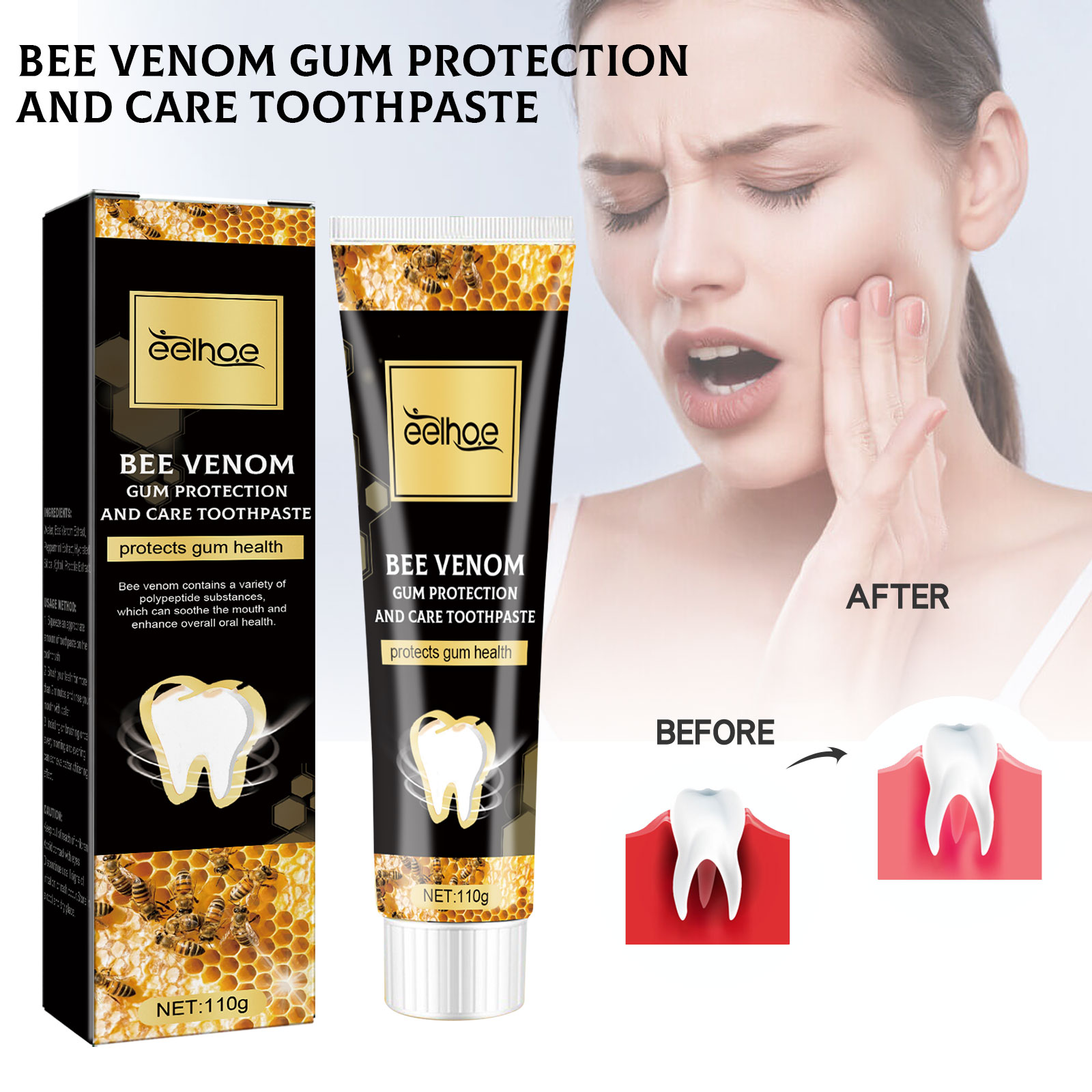 Black and gold toothpaste tube with carton