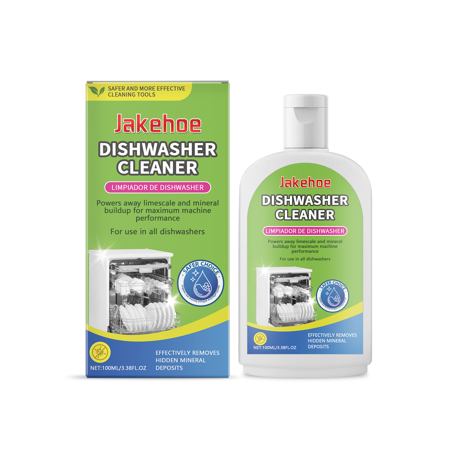 Dishwasher cleaner bottle with limescale removal packaging claim