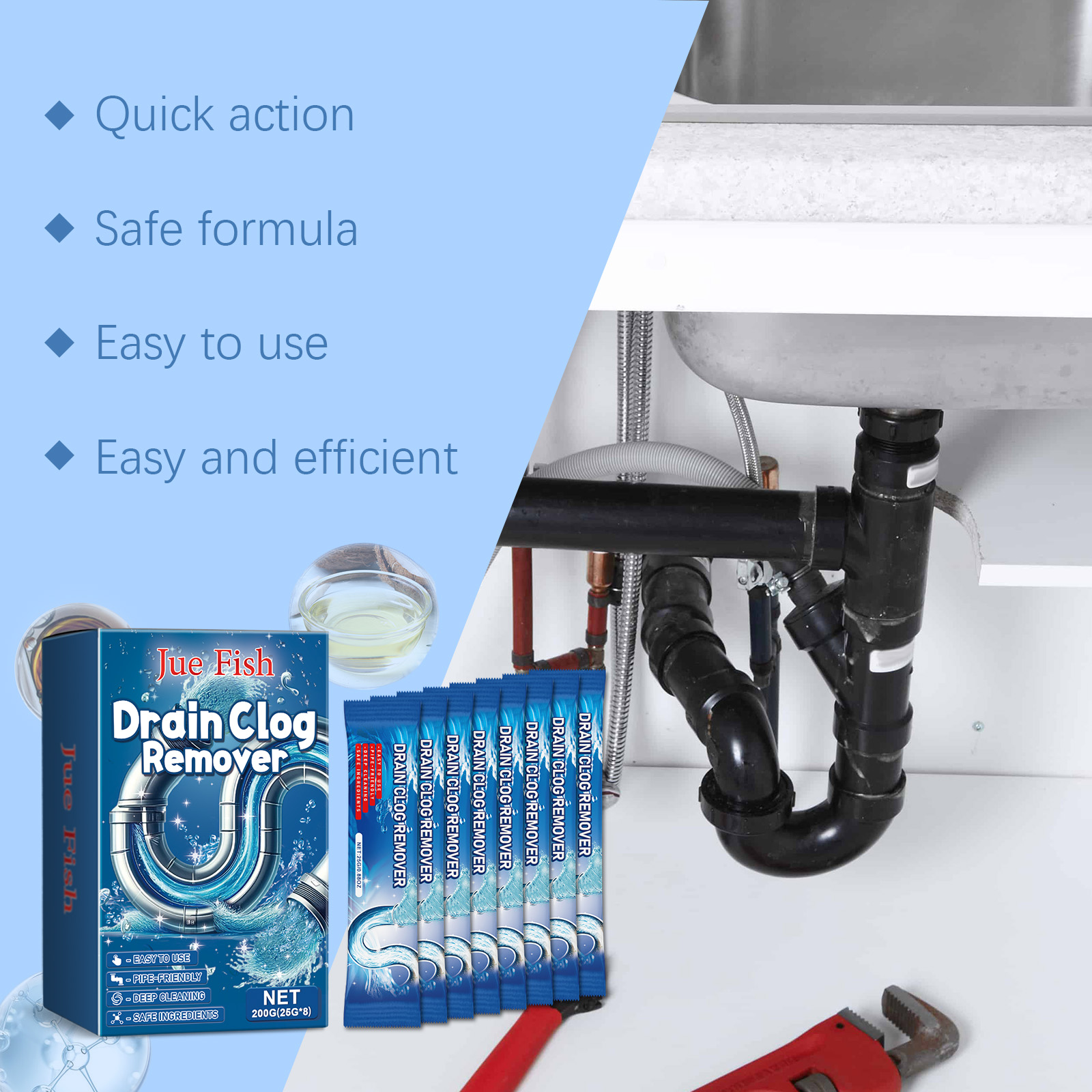 Drain cleaner shown beside household pipe plumbing