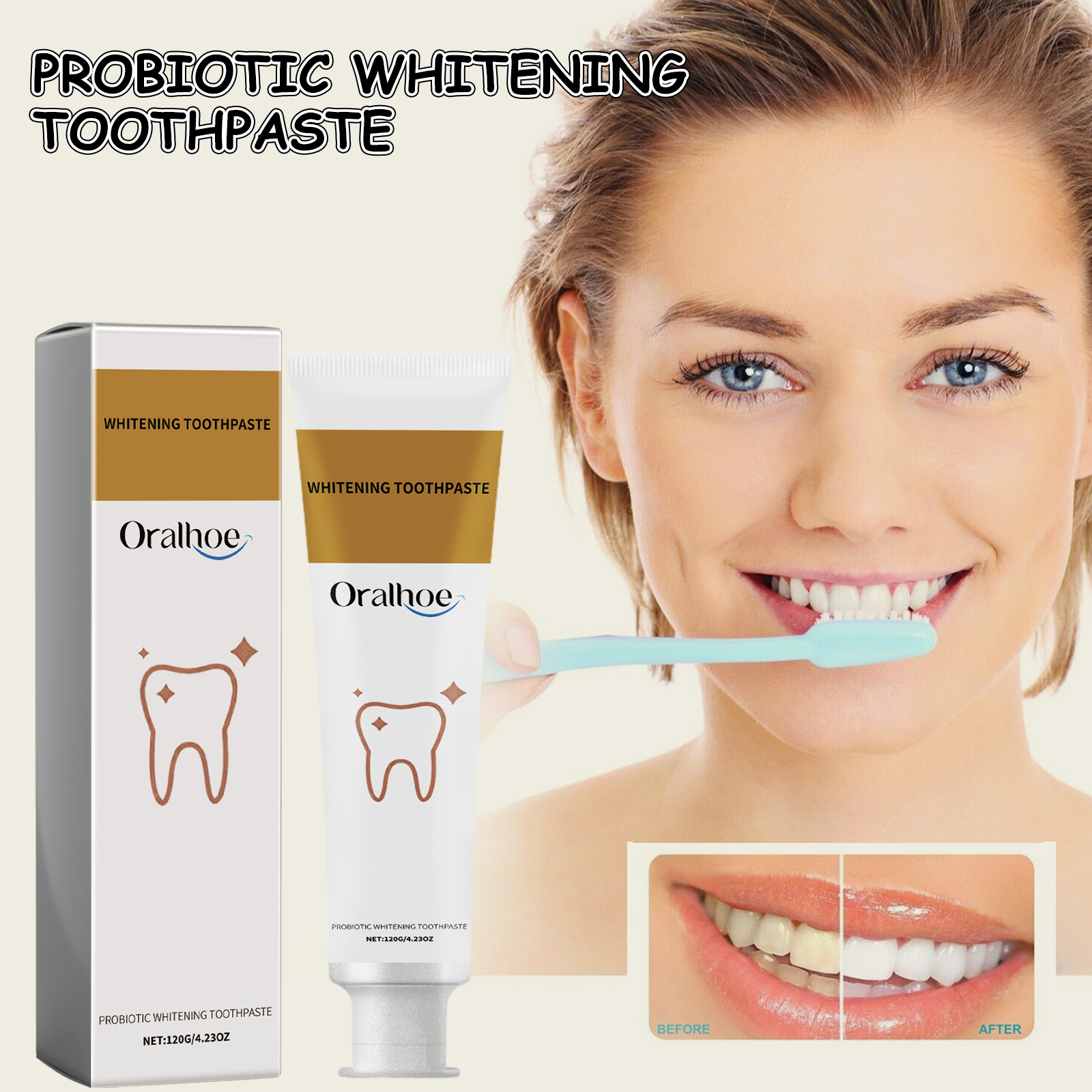 Before and after smile comparison beside toothpaste use