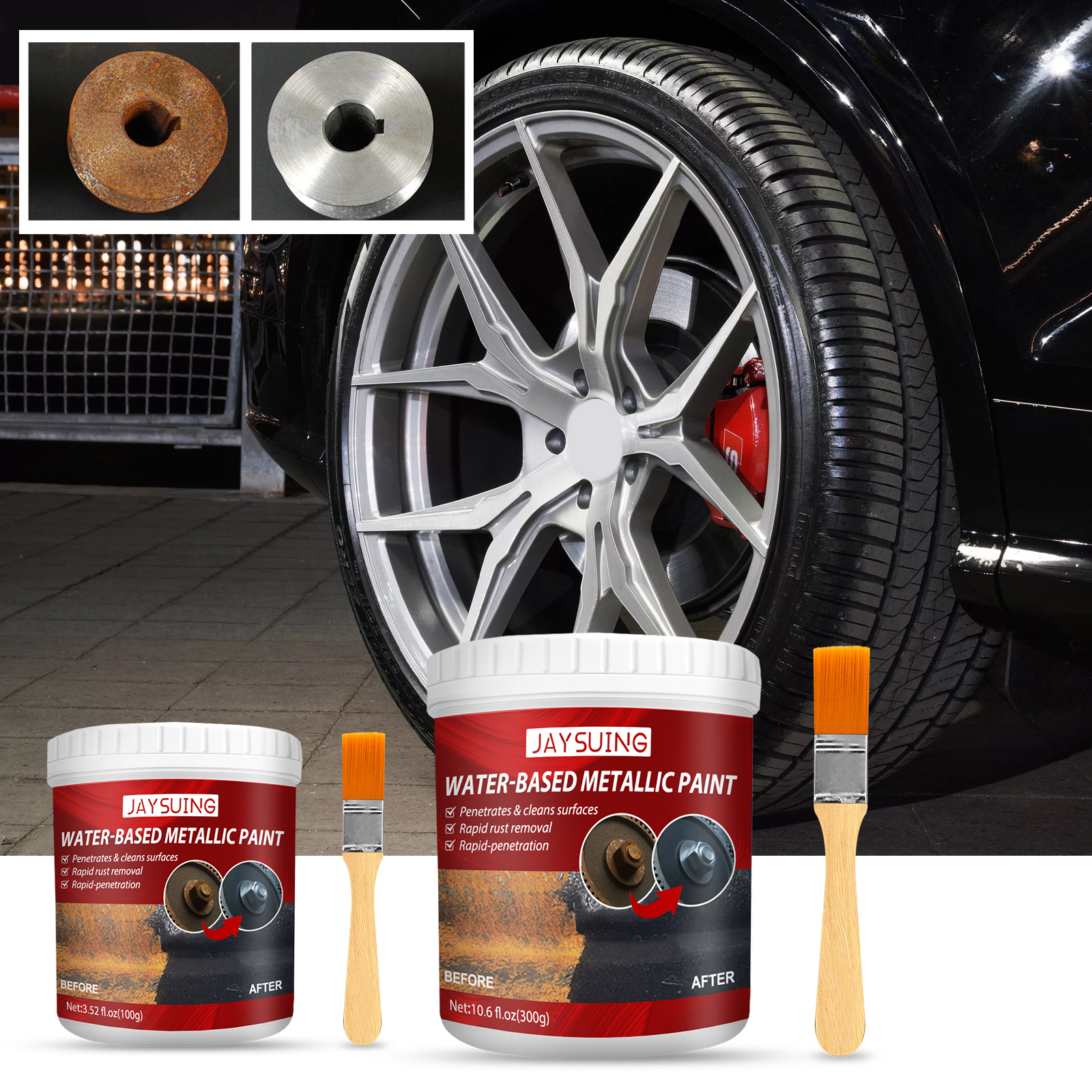 Finished alloy wheel with metallic-looking restoration