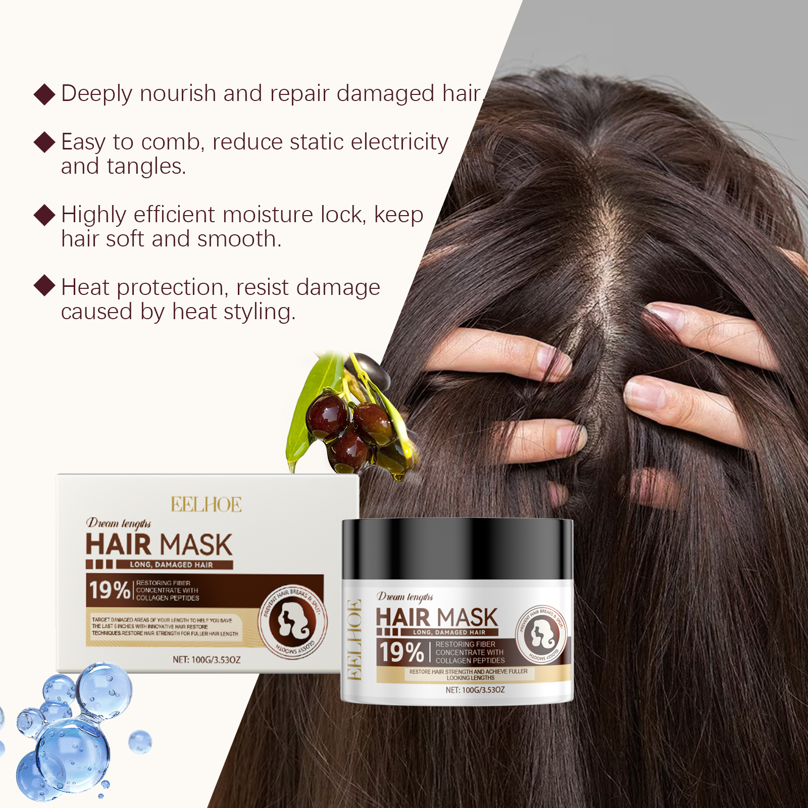 Leave-in mask jar beside hair smoothing detail