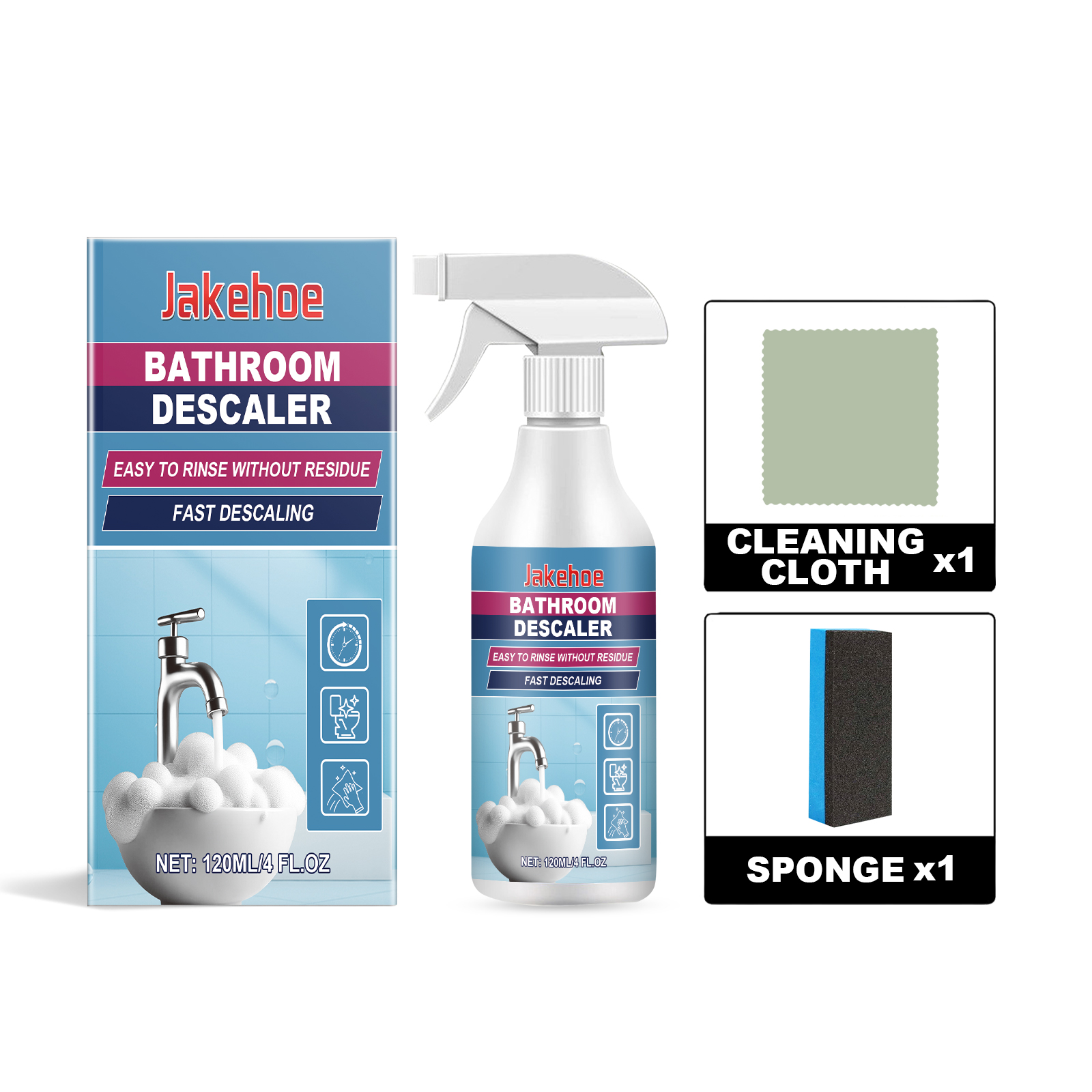 Boxed descaler spray with cloth and sponge