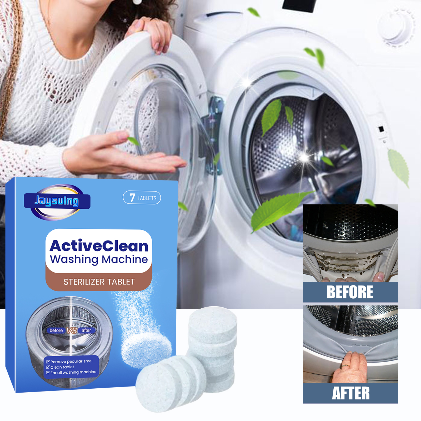 Open front loading washer with cleaning tablets nearby