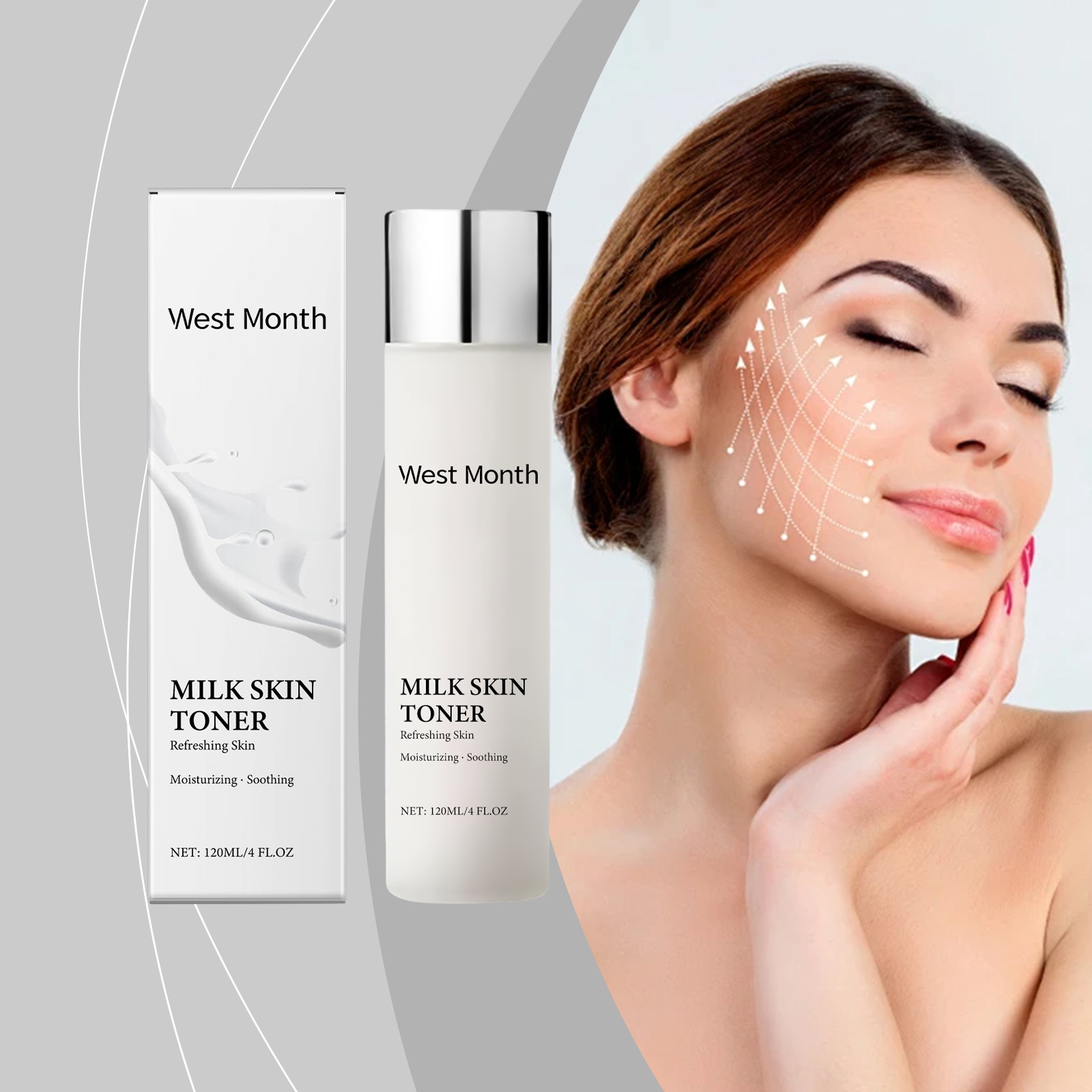 Toner bottle beside woman touching smooth cheek