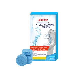 Blue compressed tablets beside toilet cleaner packaging