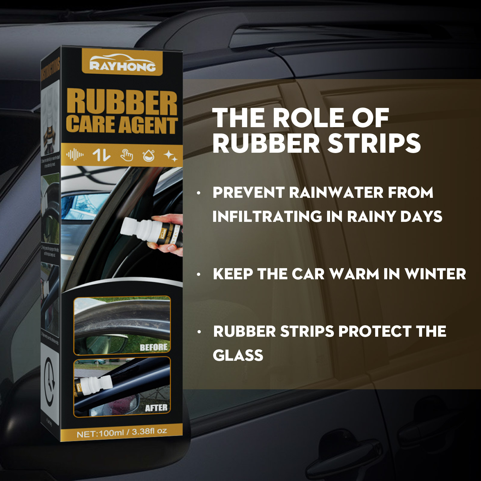 Rubber care agent packaging with weather protection claims