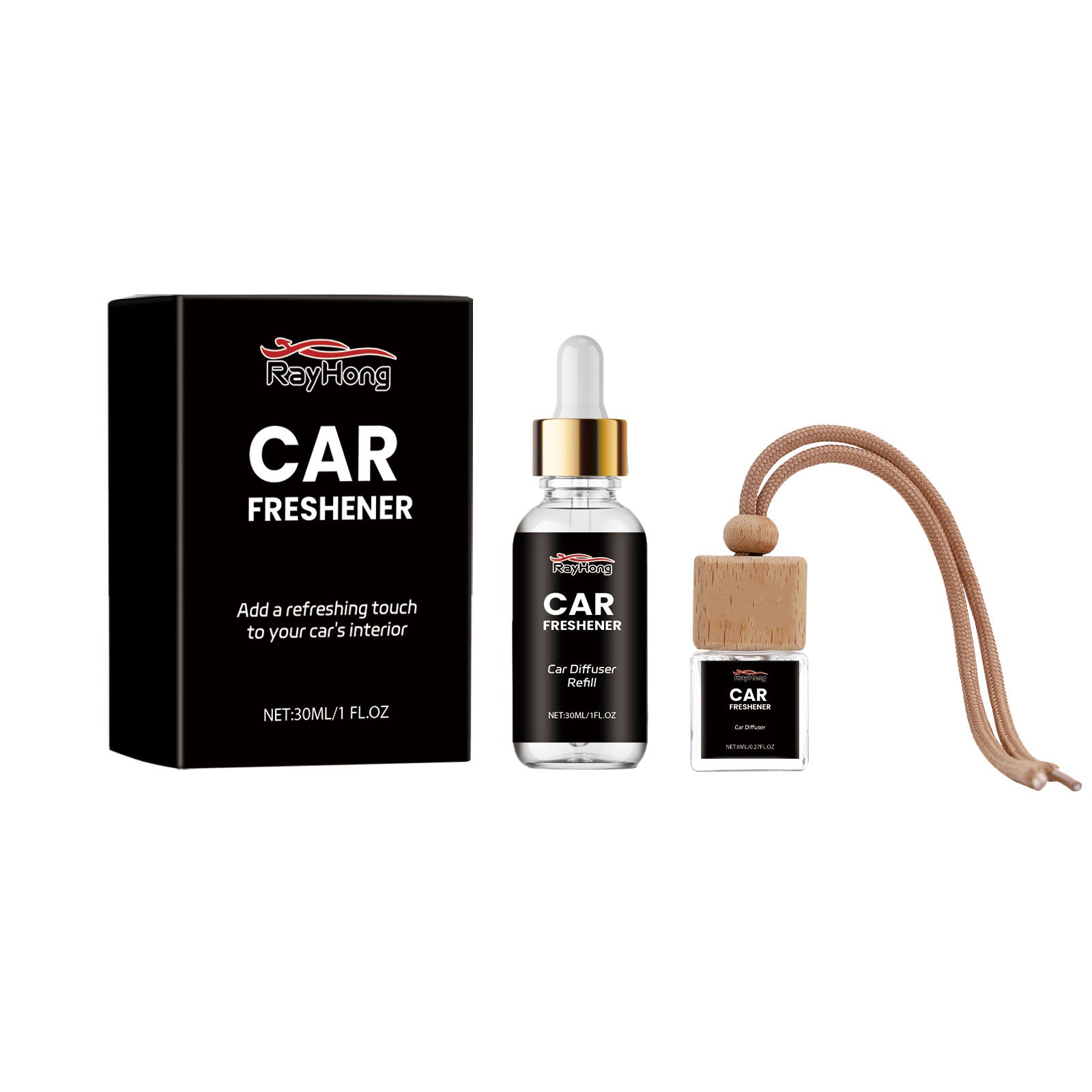 Glass refill bottle and natural wood diffuser in presentation box