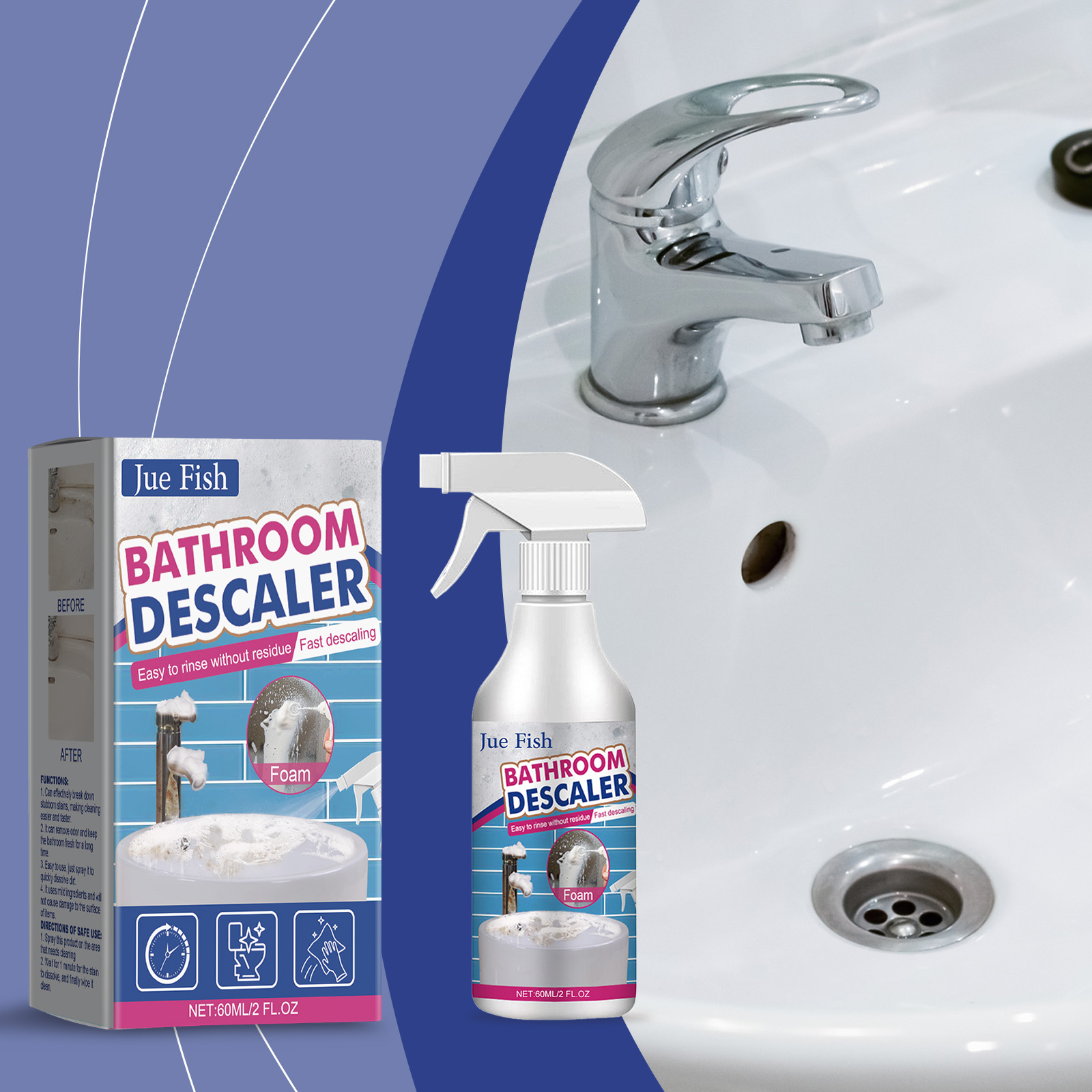 Bathroom descaler beside polished faucet and clean sink