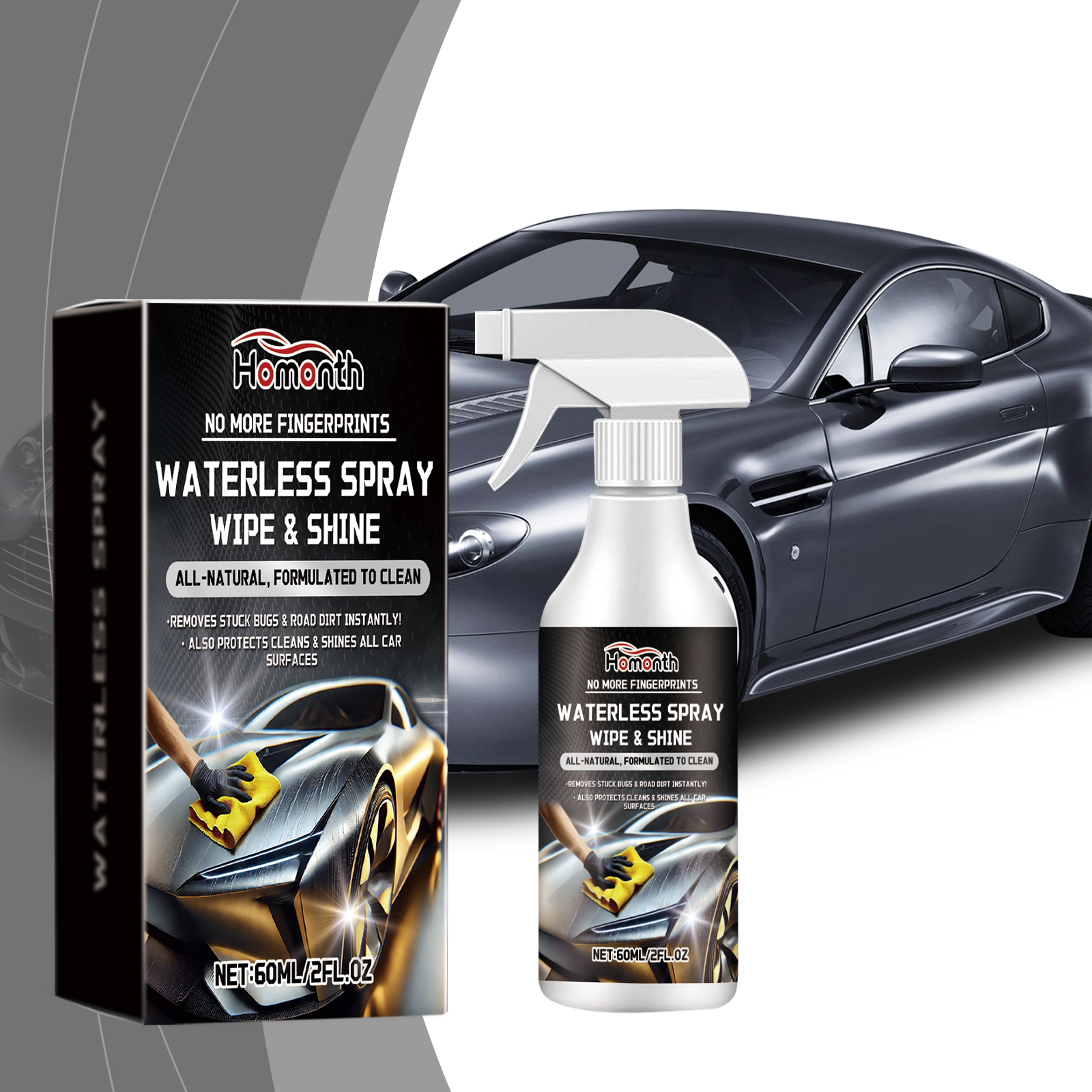 Car cleaner displayed beside a glossy vehicle surface
