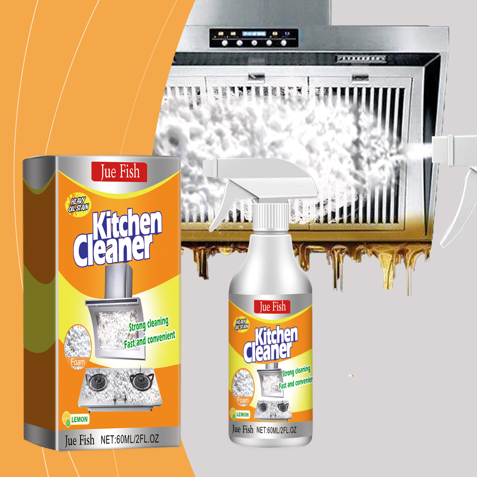 White foam spread across greasy vertical range hood