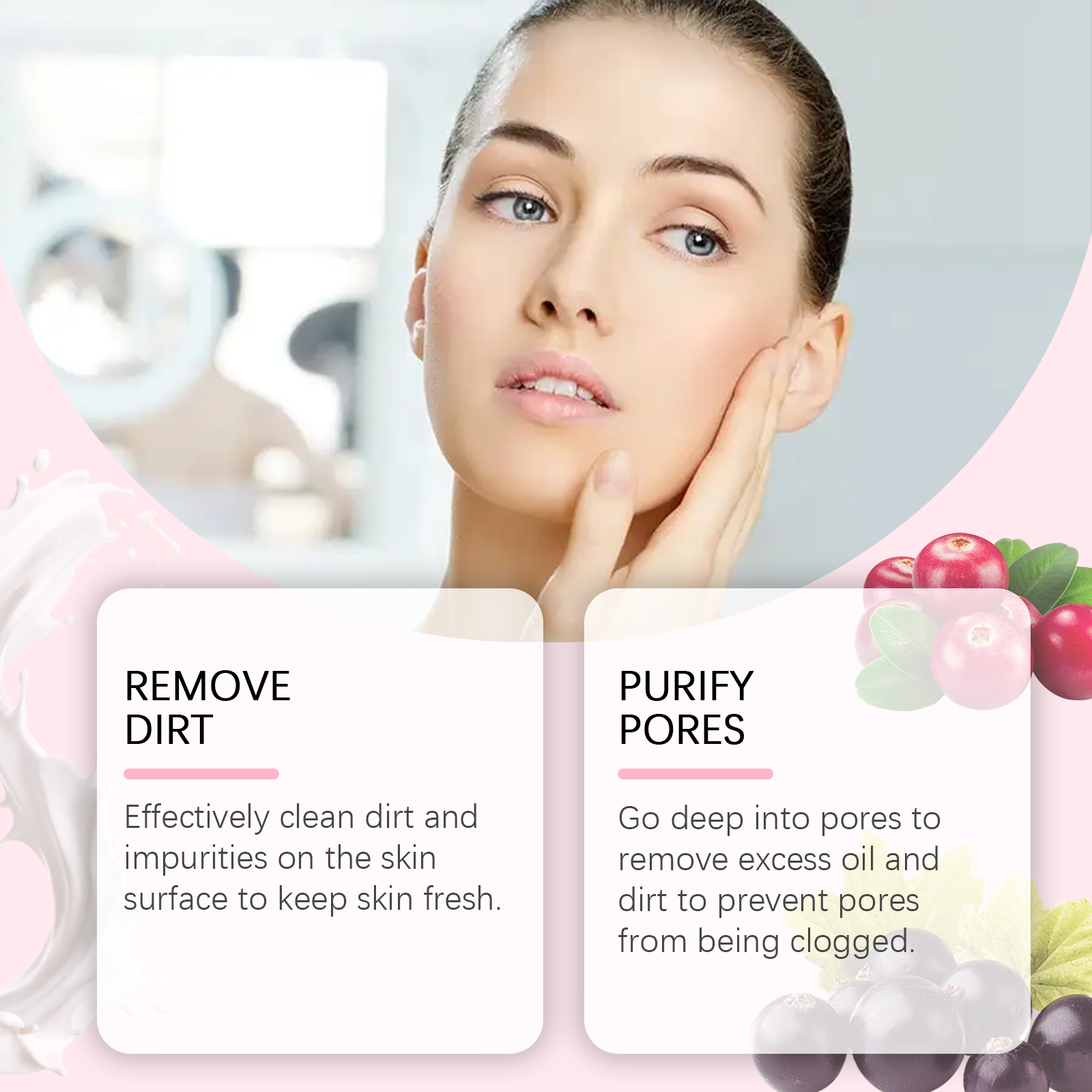 Woman touching cheek beside pore cleansing benefits