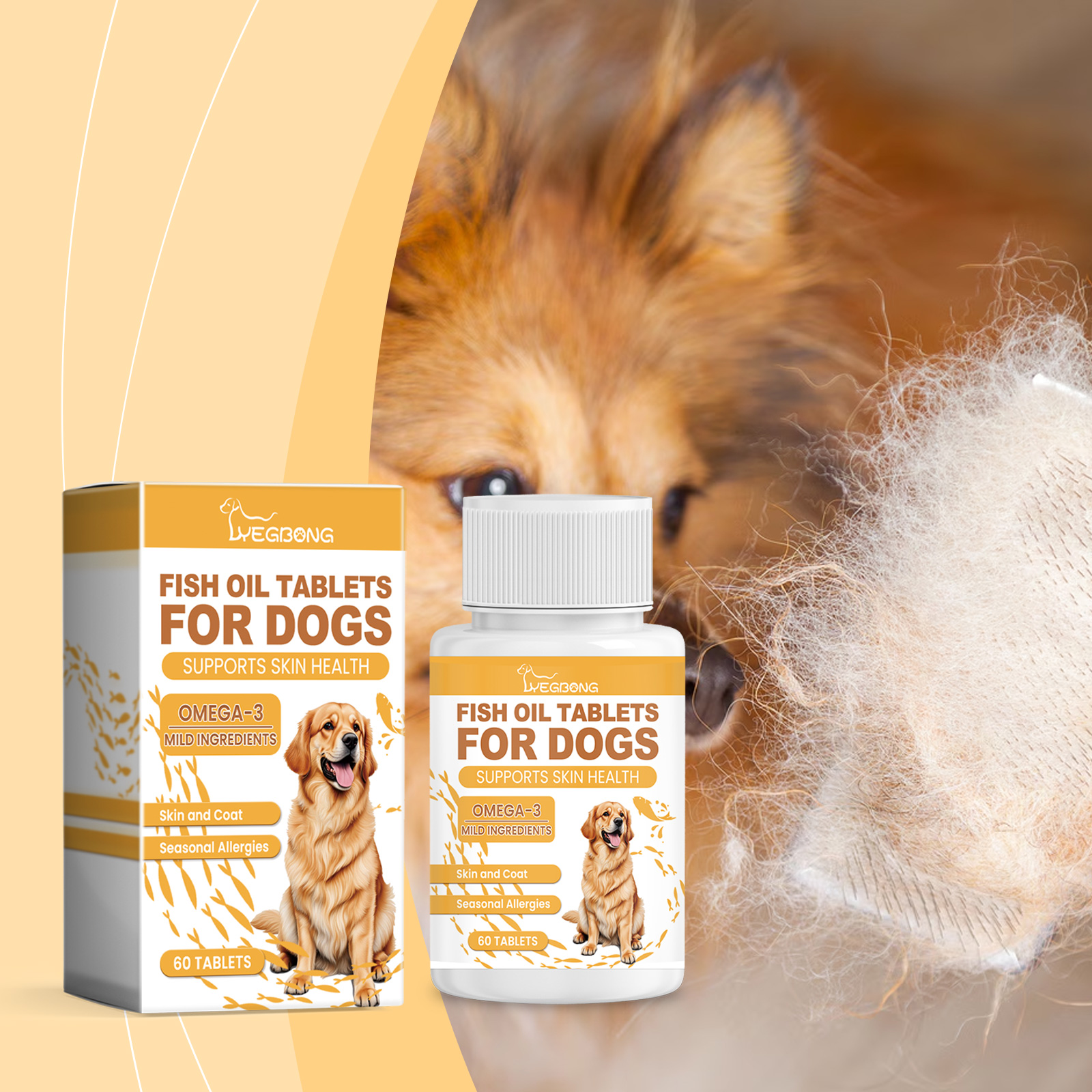 Dog supplement bottle with brush and loose fur