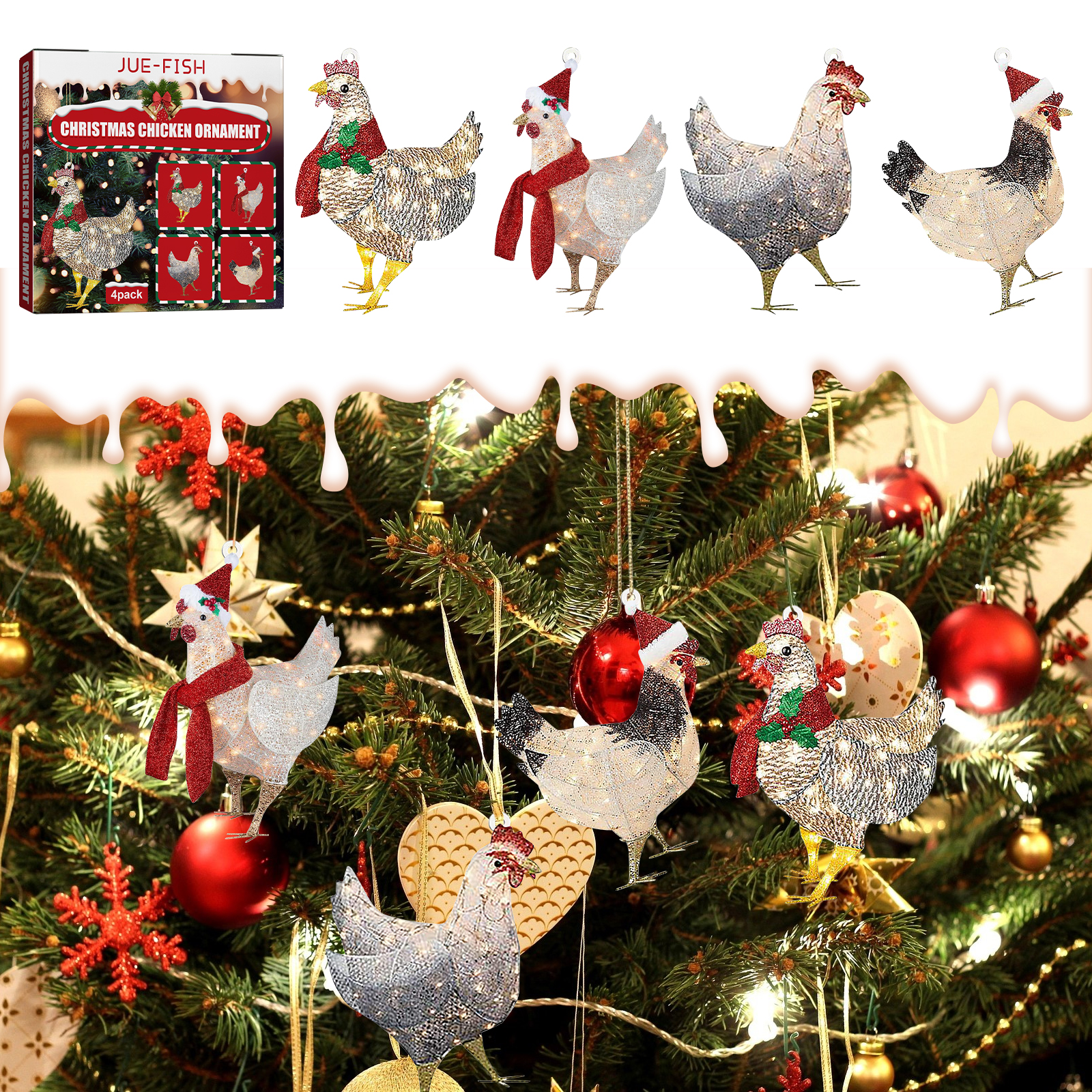 Glittering chicken ornaments catching light on Christmas branches