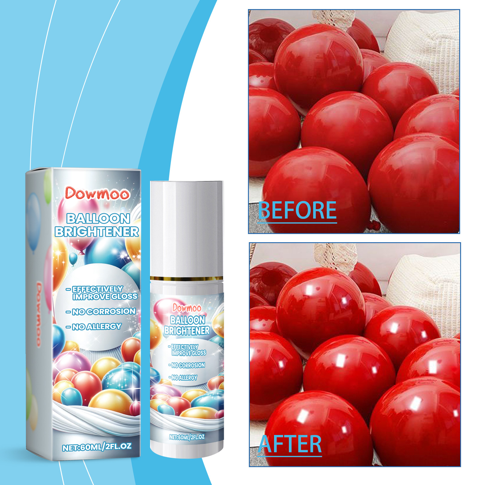 Red balloon surface before and after brightening spray