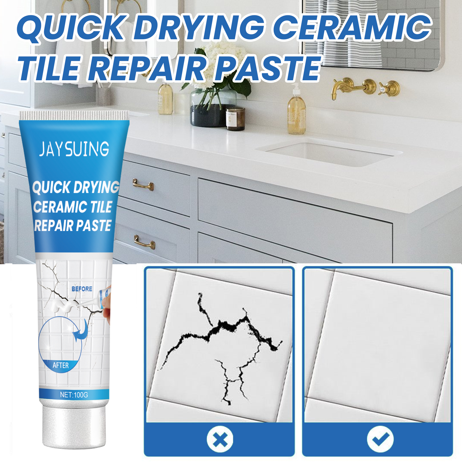 Before and after white tile crack repair result