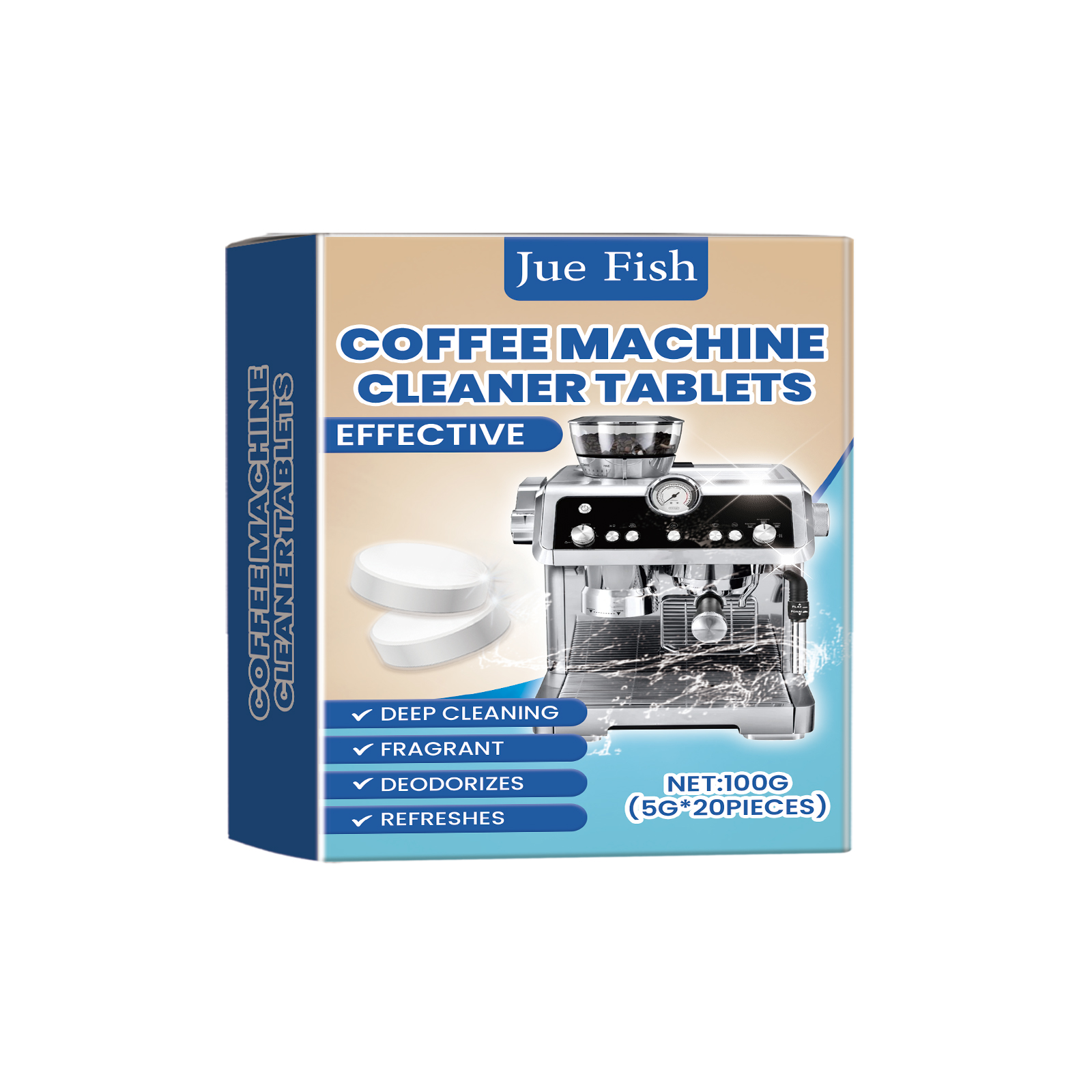 Coffee cleaner carton showing deodorizing claims