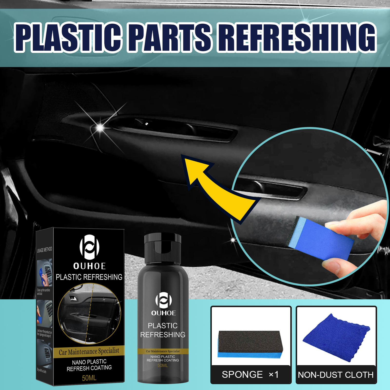 Sponge used on a car door panel during detailing