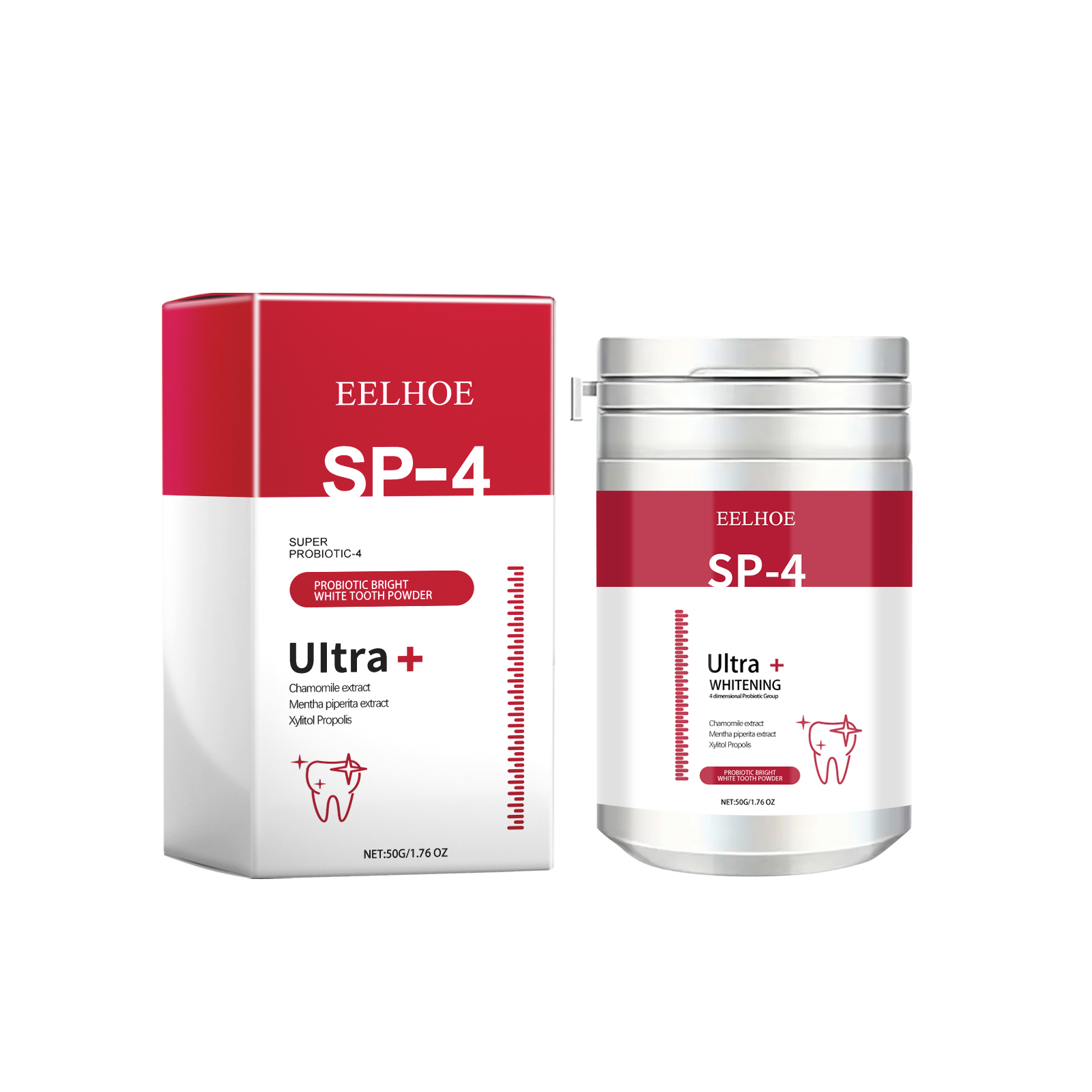 Tooth powder carton showing Ultra+ whitening packaging