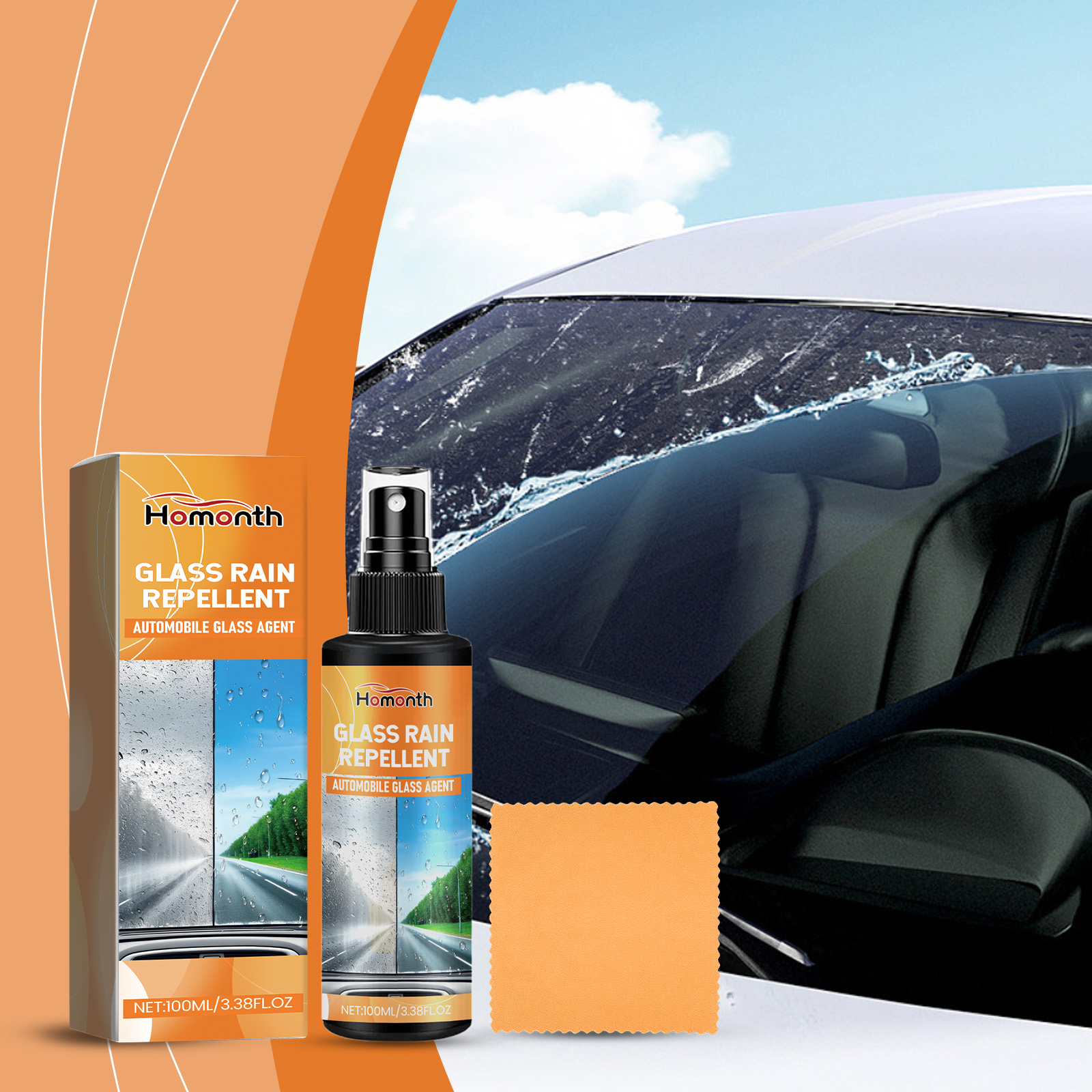 Windshield rain treatment kit beside a wet car window