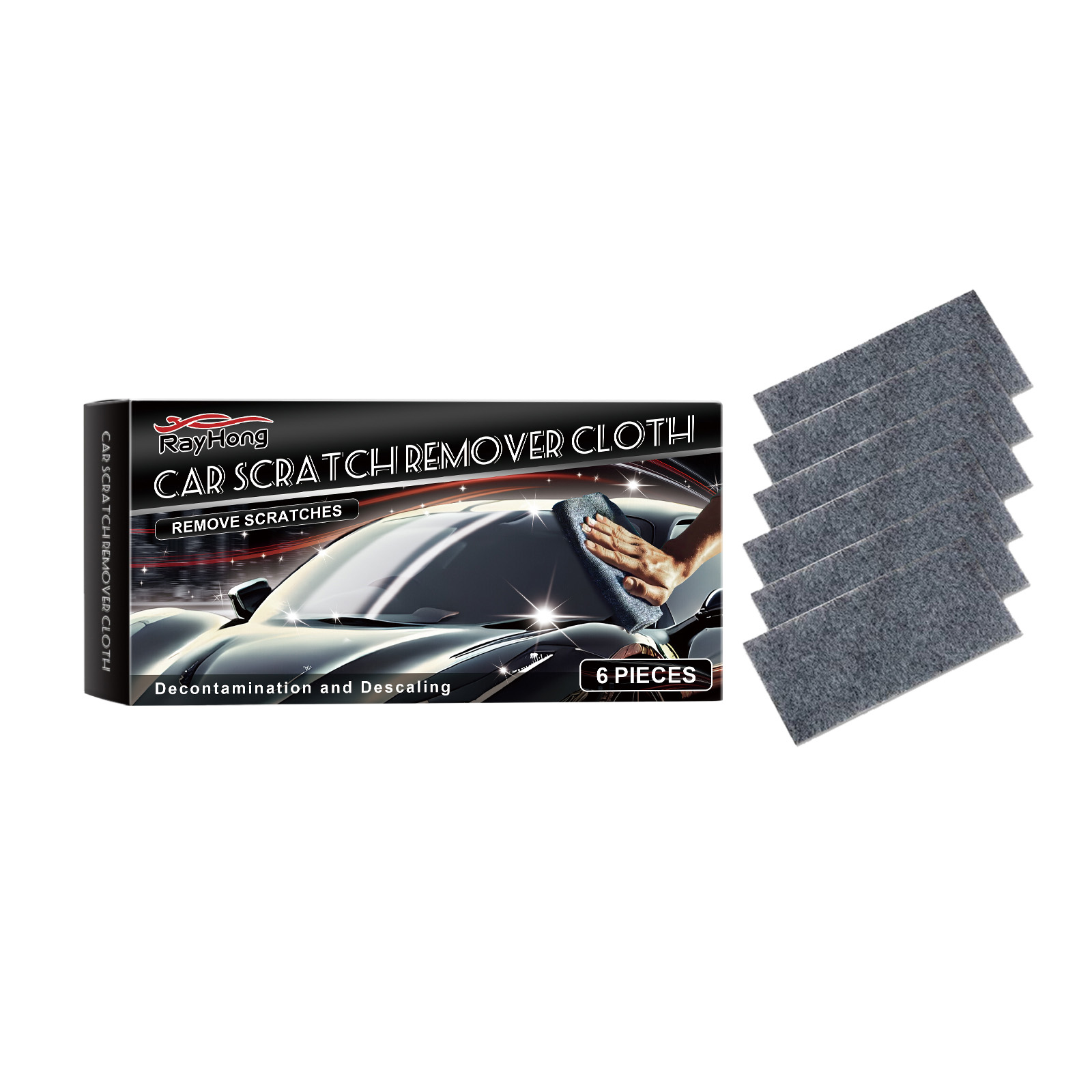 Six separate gray cloths arranged beside printed product box