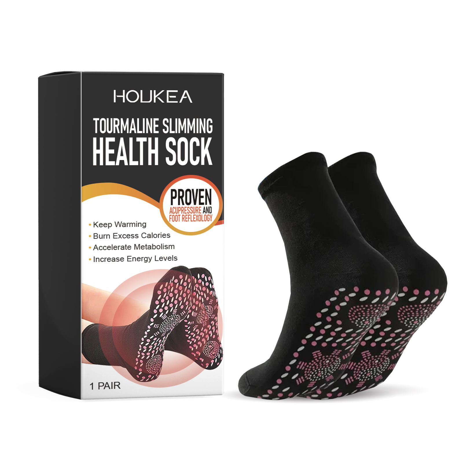 Black socks displaying raised pink and gray sole pattern