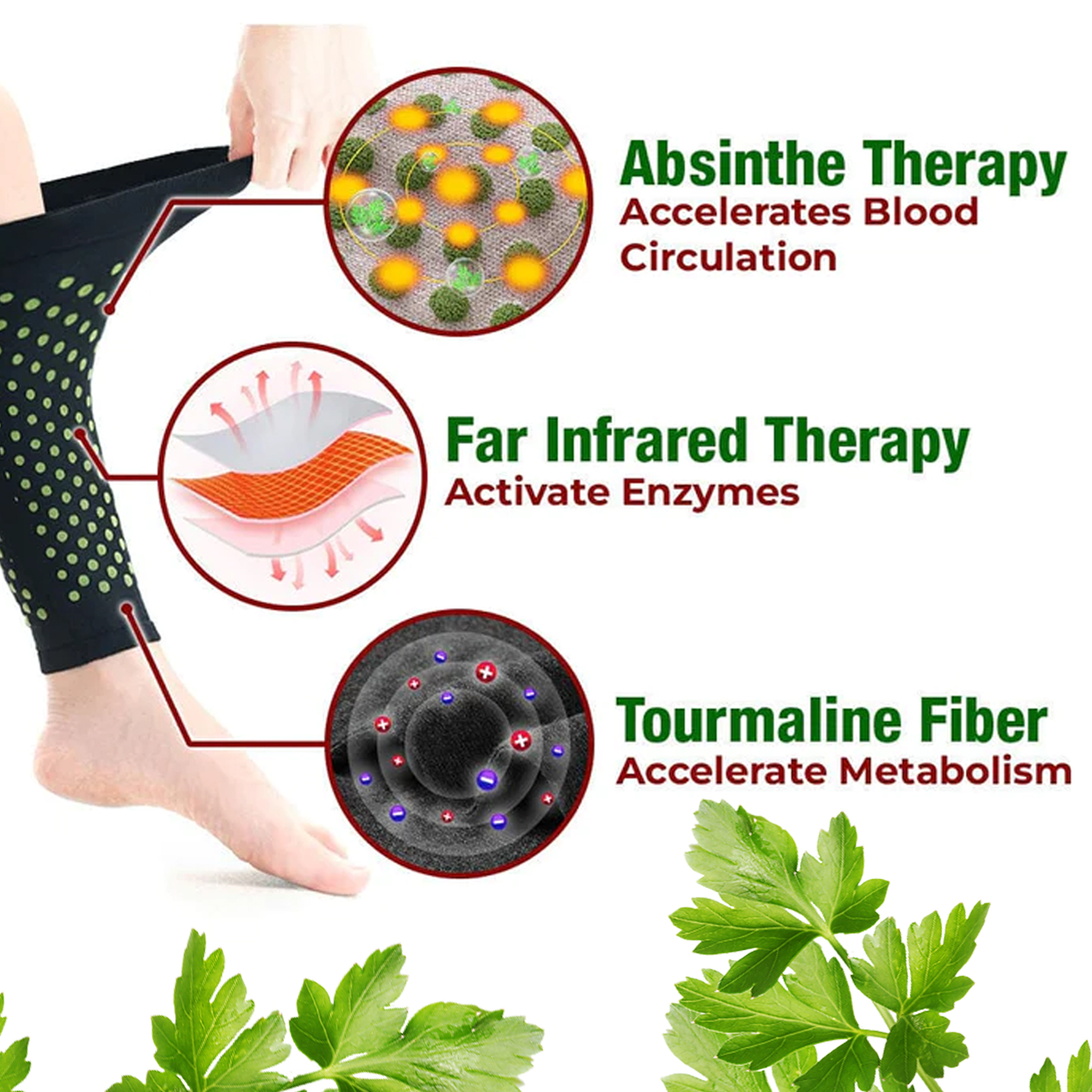 Green dotted sleeve beside therapy technology diagrams