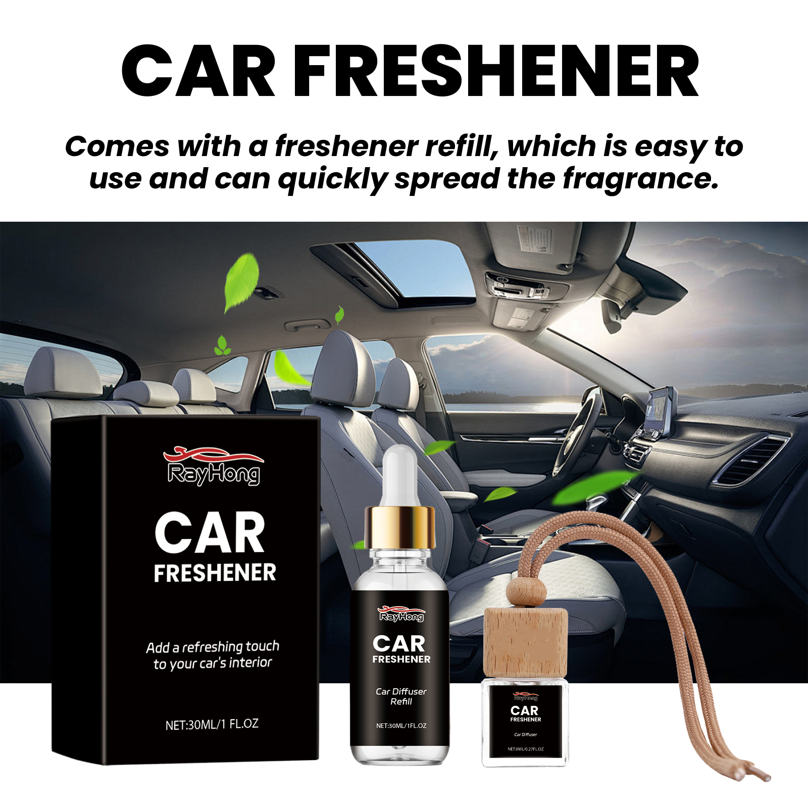 Car diffuser and refill shown in a bright vehicle interior