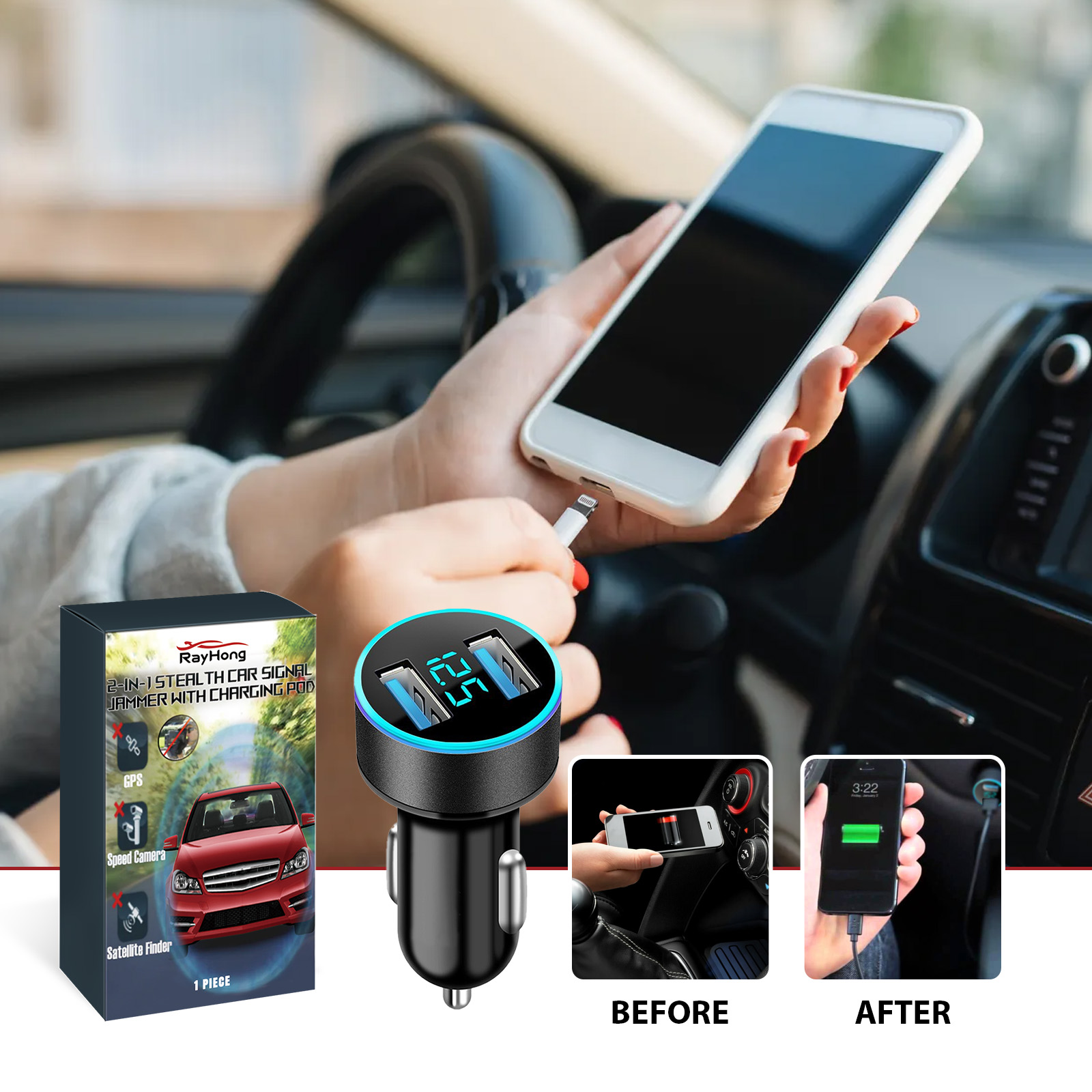 Phone connected to car charger inside vehicle