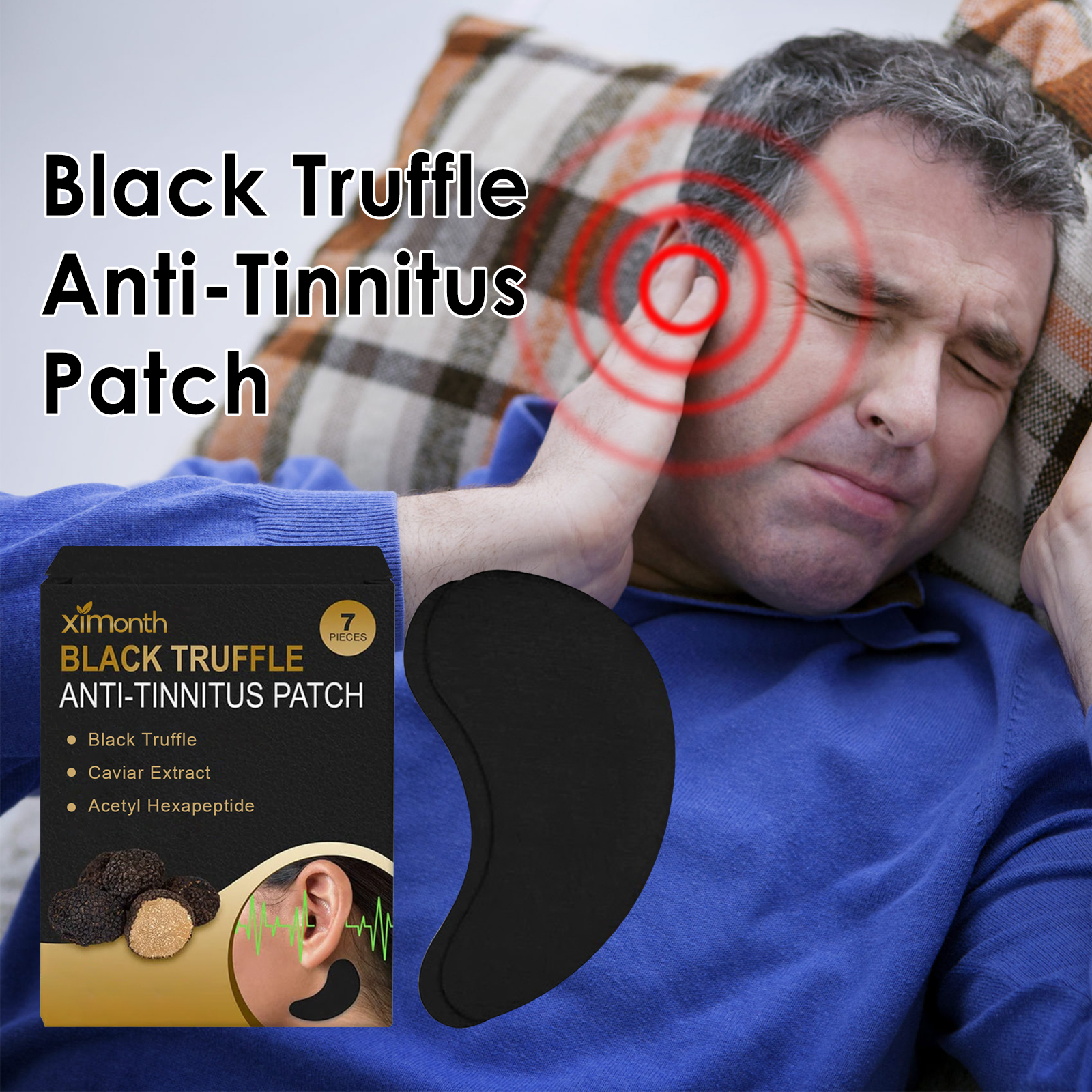 Adult showing external ear comfort patch use