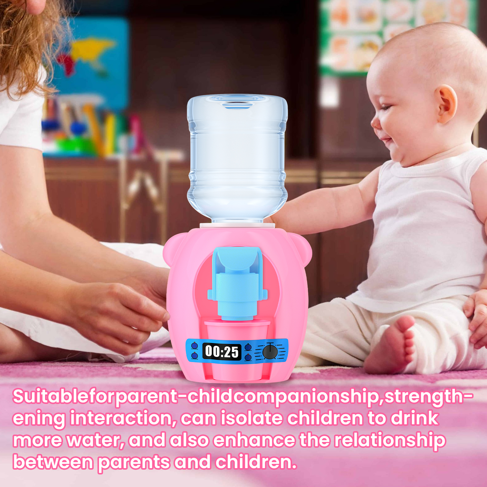 Child reaching toward pink mini water dispenser