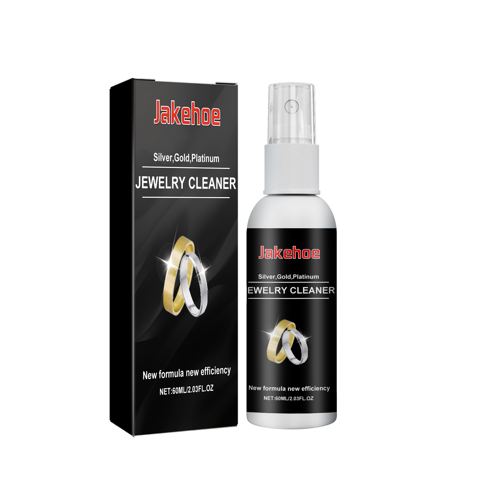 Clear pump cap on metallic jewelry cleaner bottle