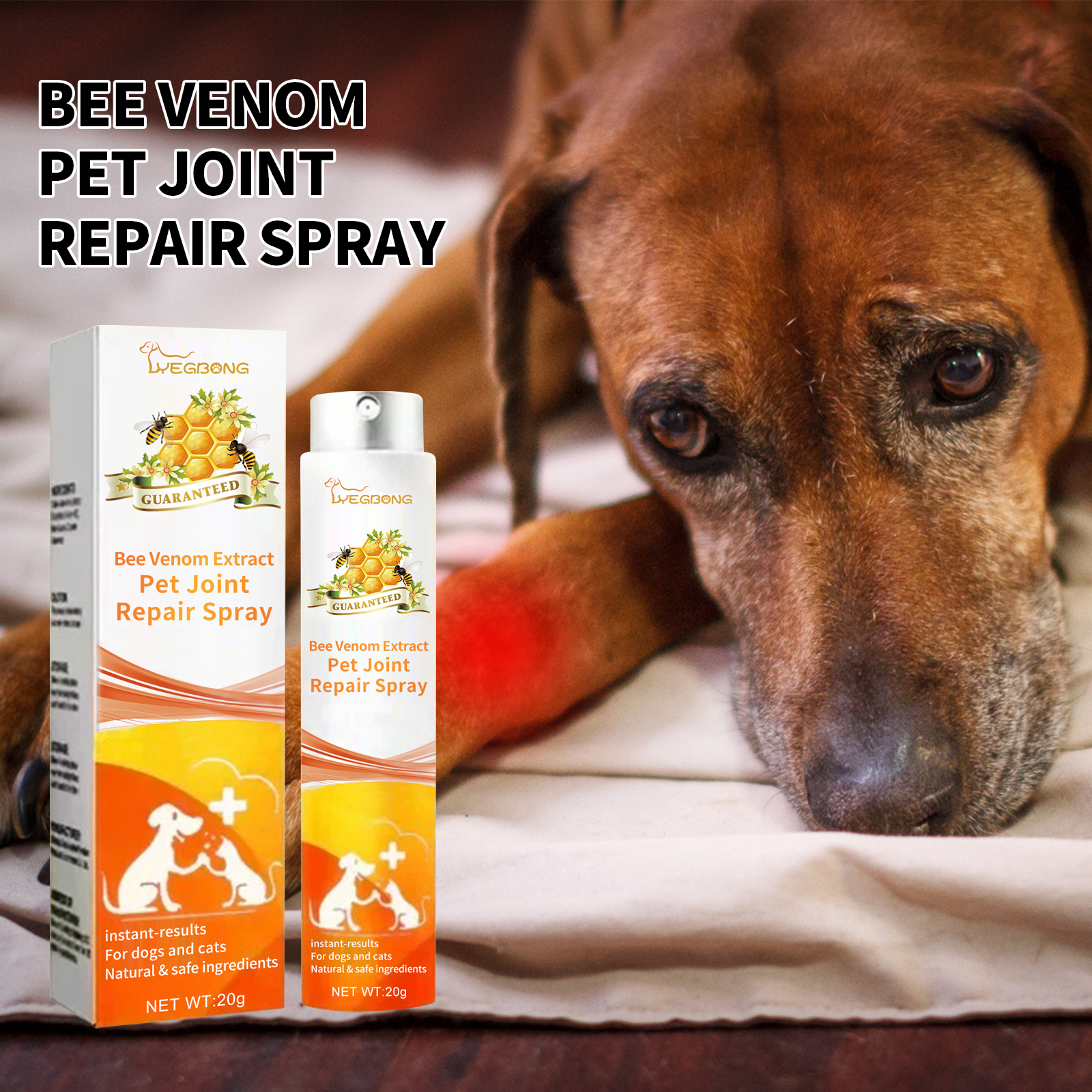 Bee venom pet spray packaging beside resting dog