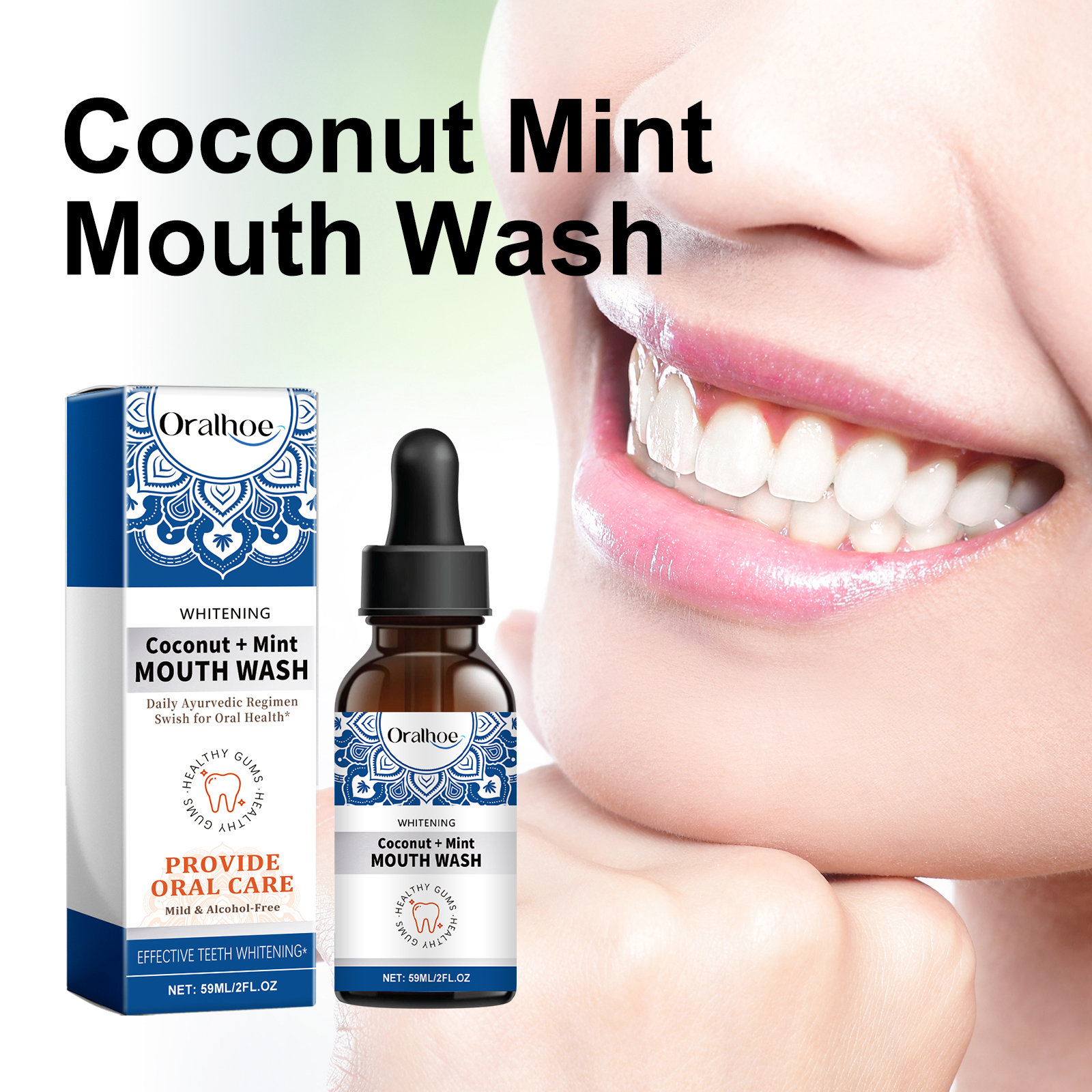 Smiling mouth shown beside coconut mint mouthwash