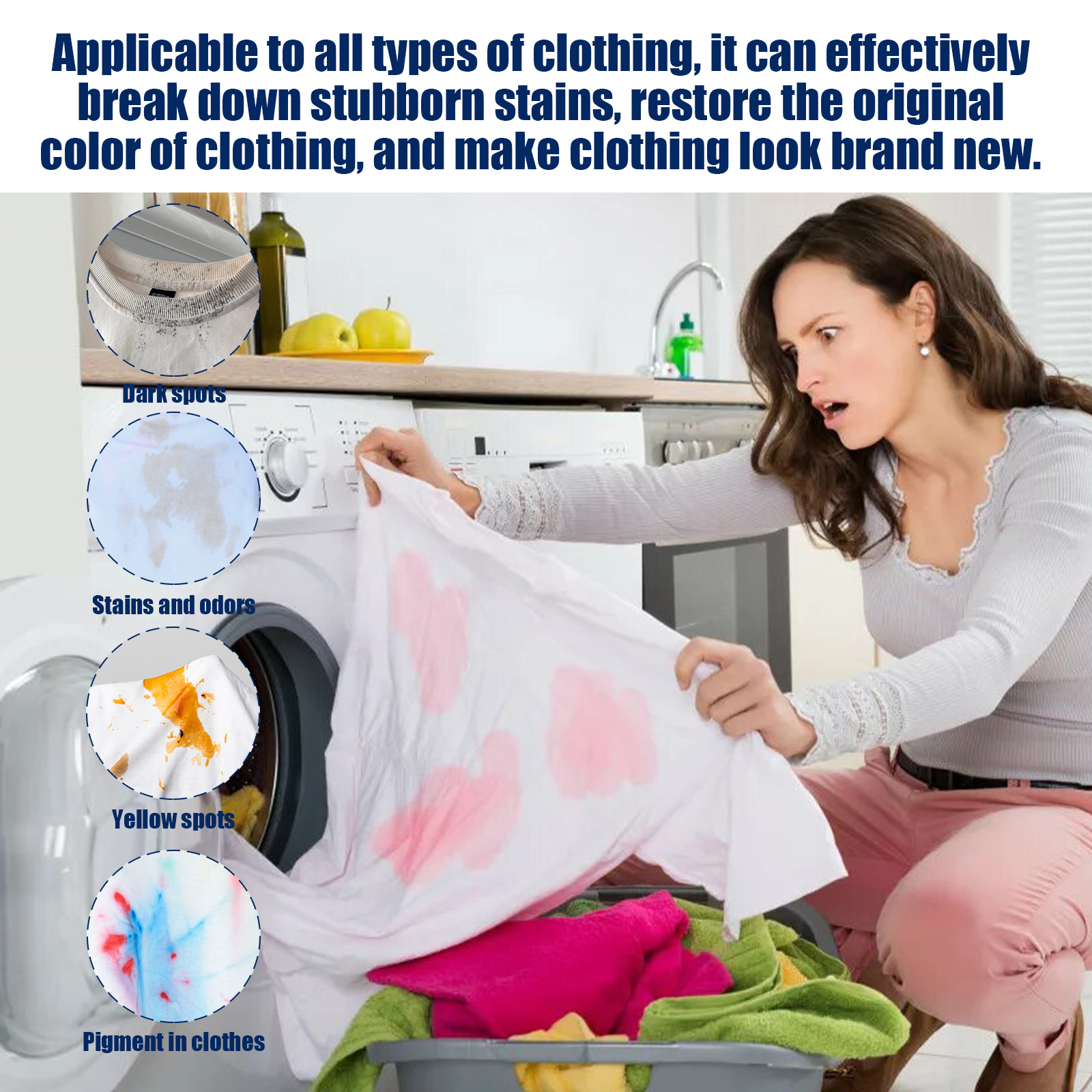 Woman inspecting a stained white garment beside washing machine