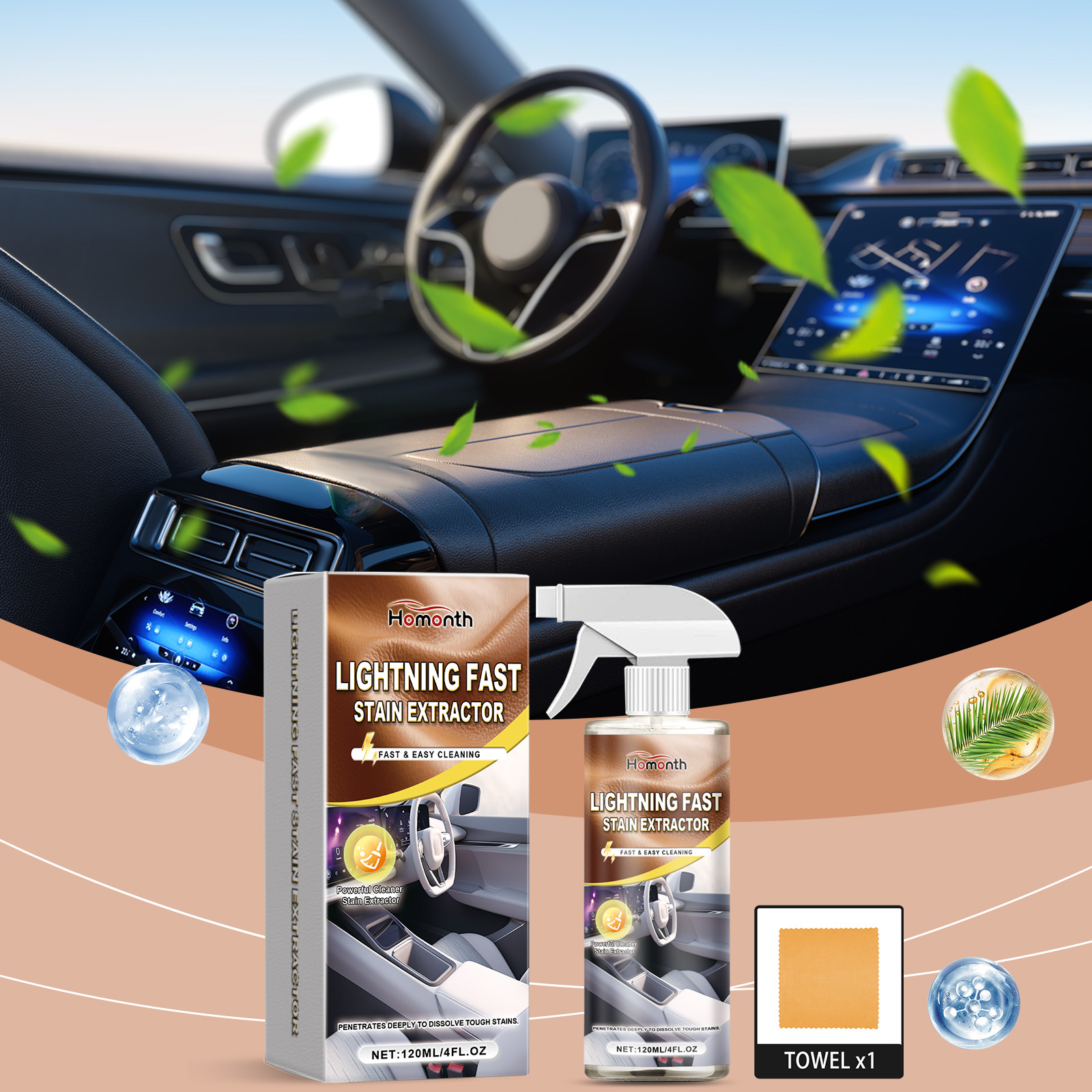 Cleaner kit displayed inside a fresh vehicle interior