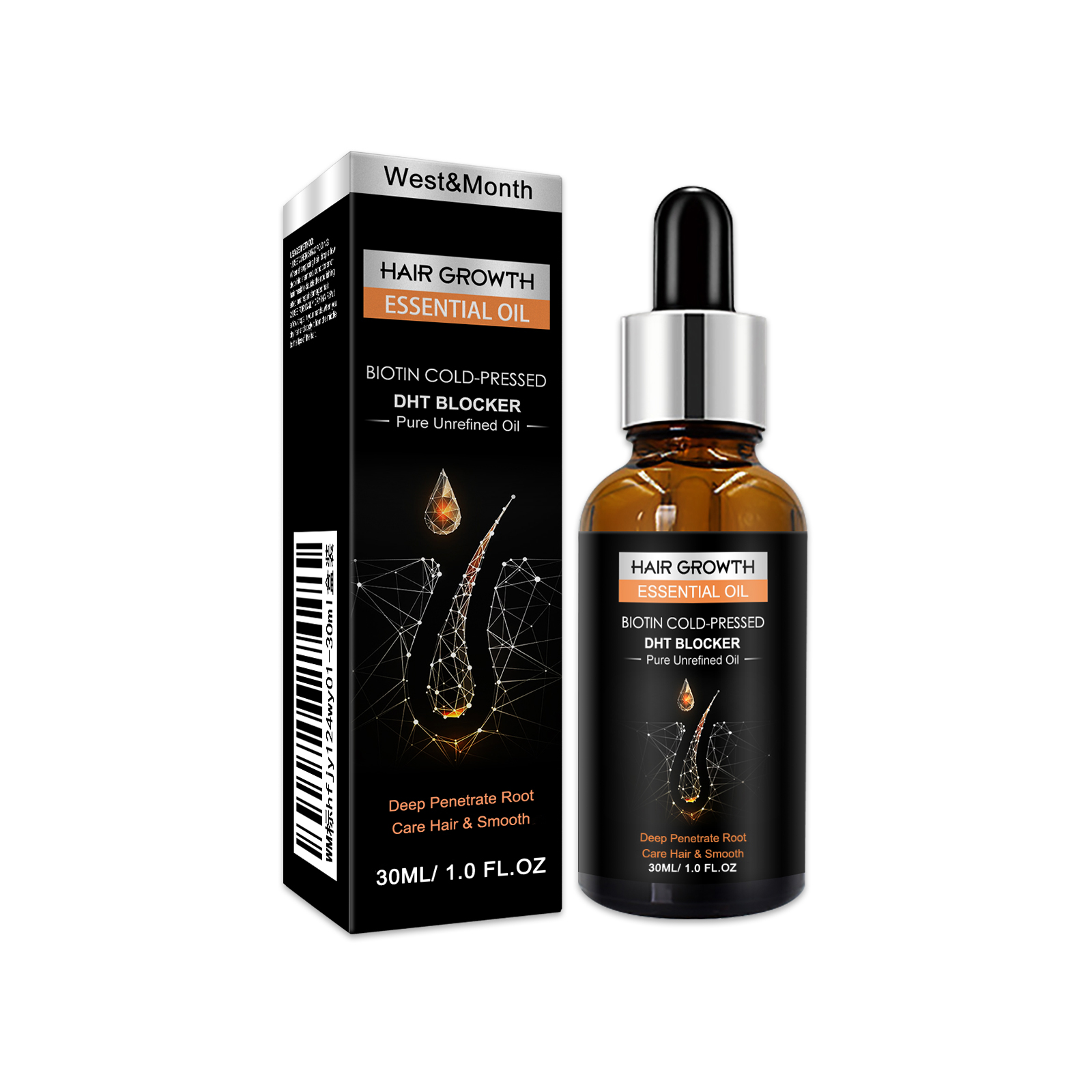 Amber glass hair oil bottle with protective carton