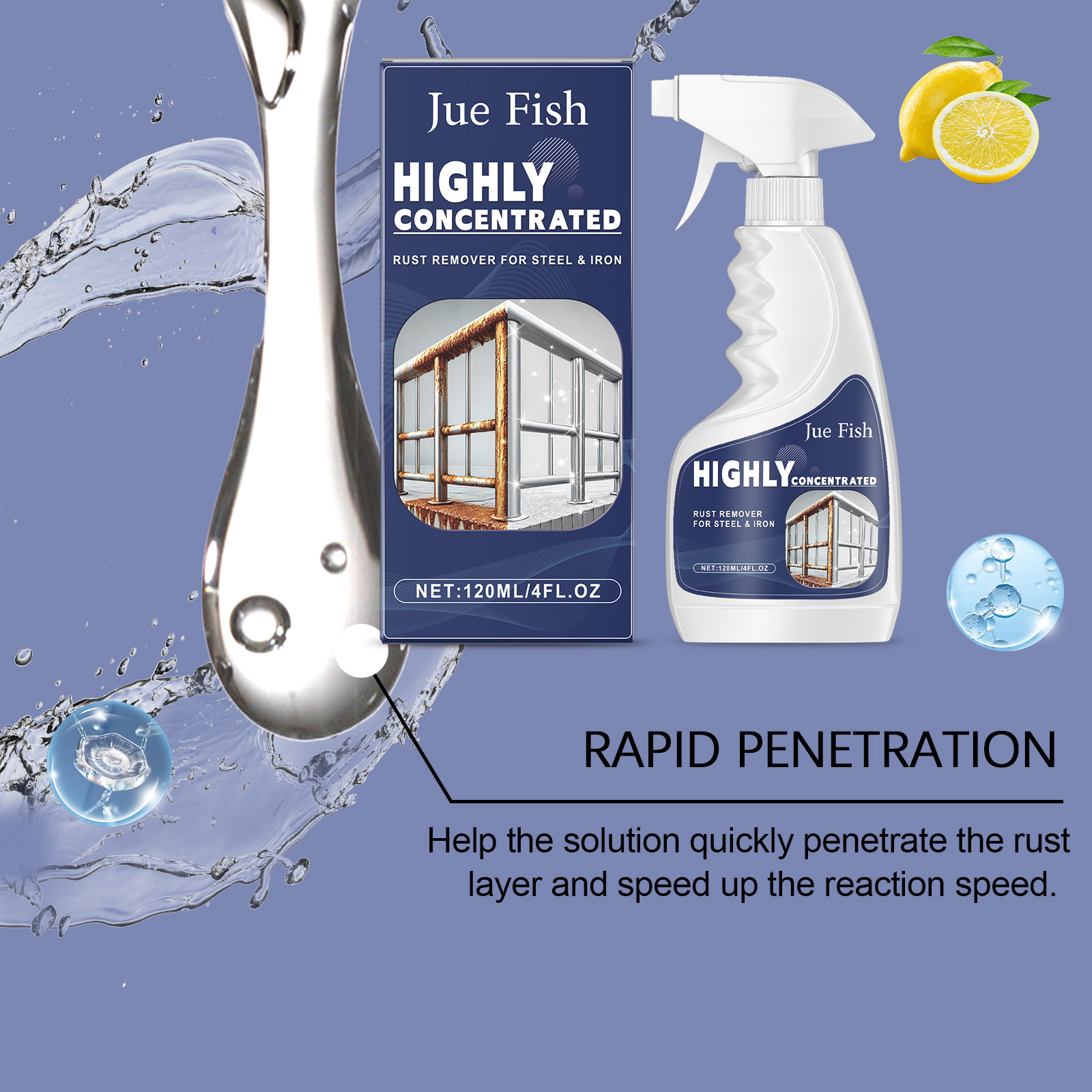 Concentrated rust remover bottle and retail carton