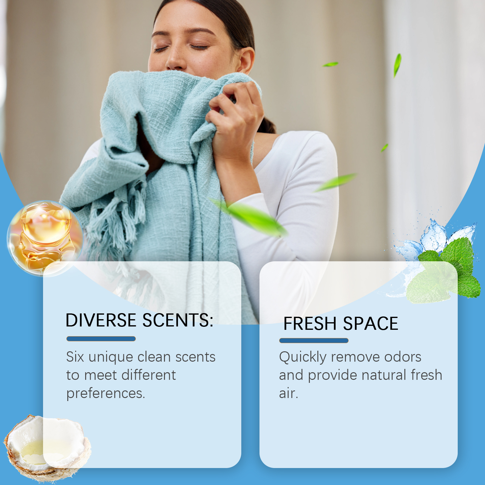 Woman enjoying a fresh blue towel scent