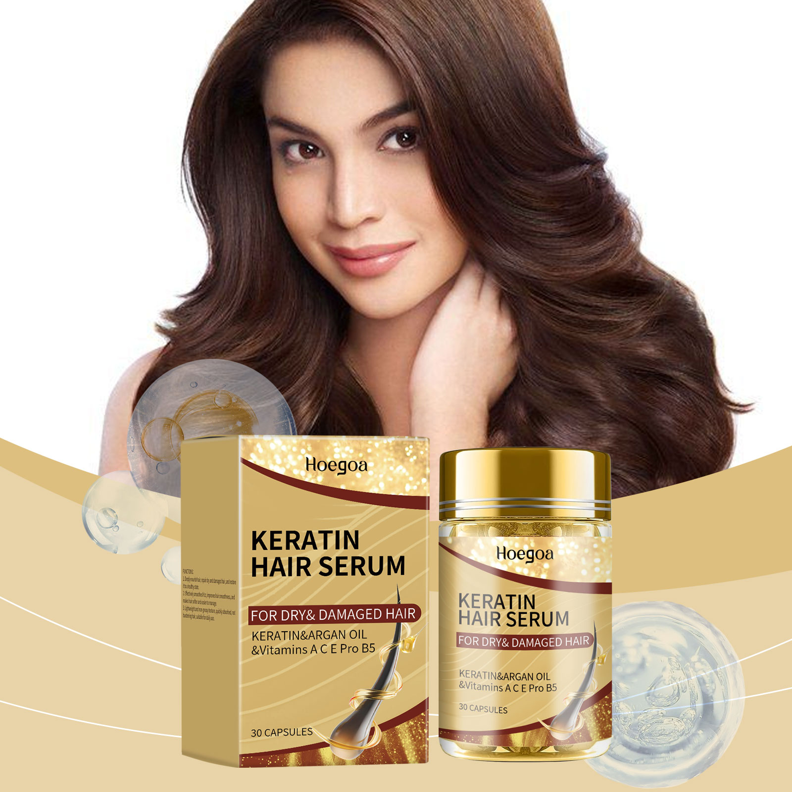 Hair serum displayed beside long glossy brown hair