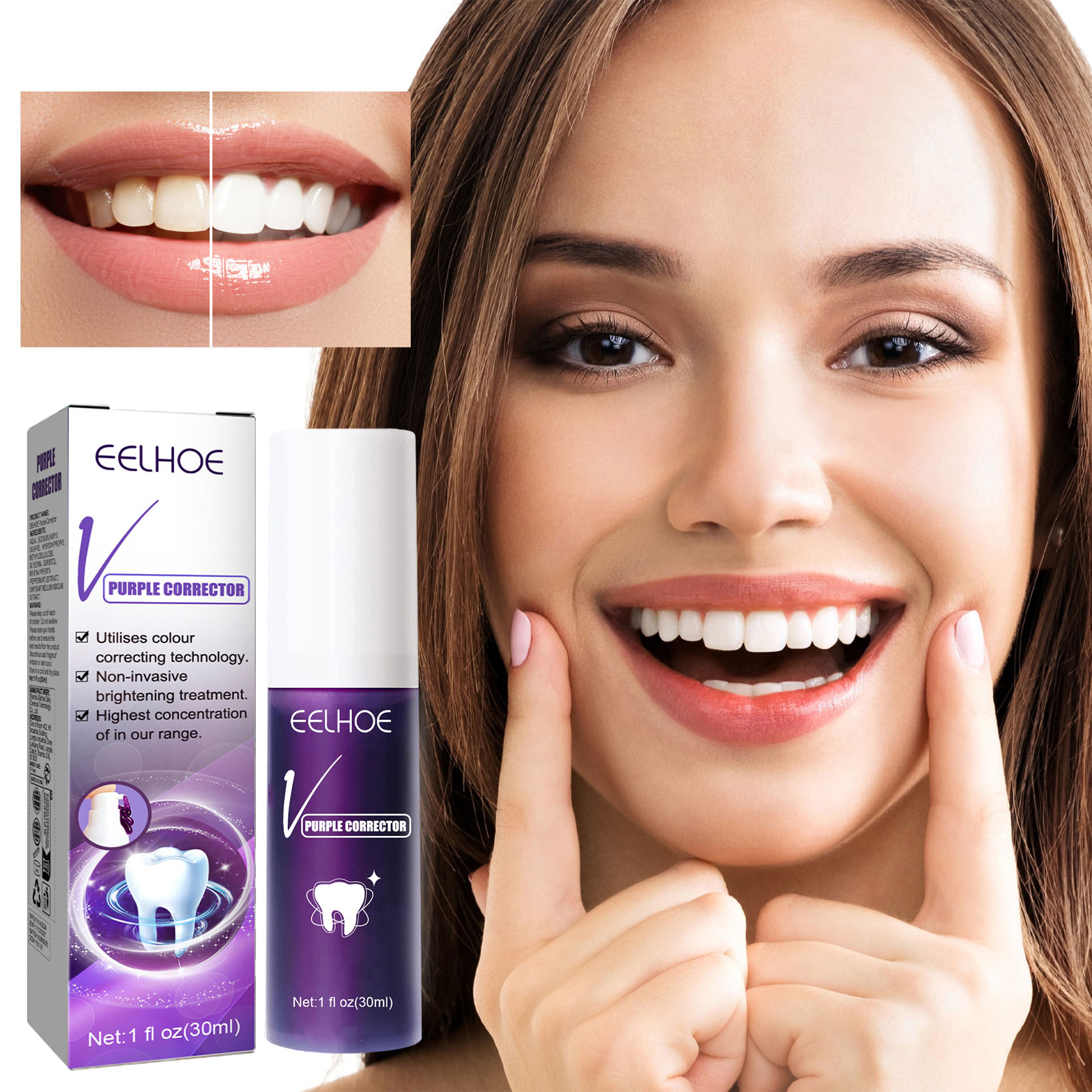 Bright smile lifestyle scene with purple oral-care bottle