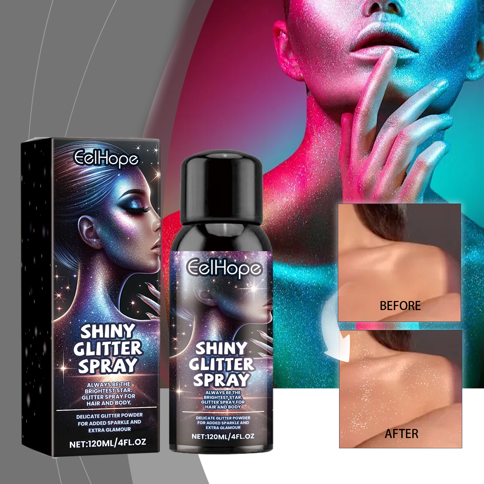 Skin transformed with a fine glitter finish