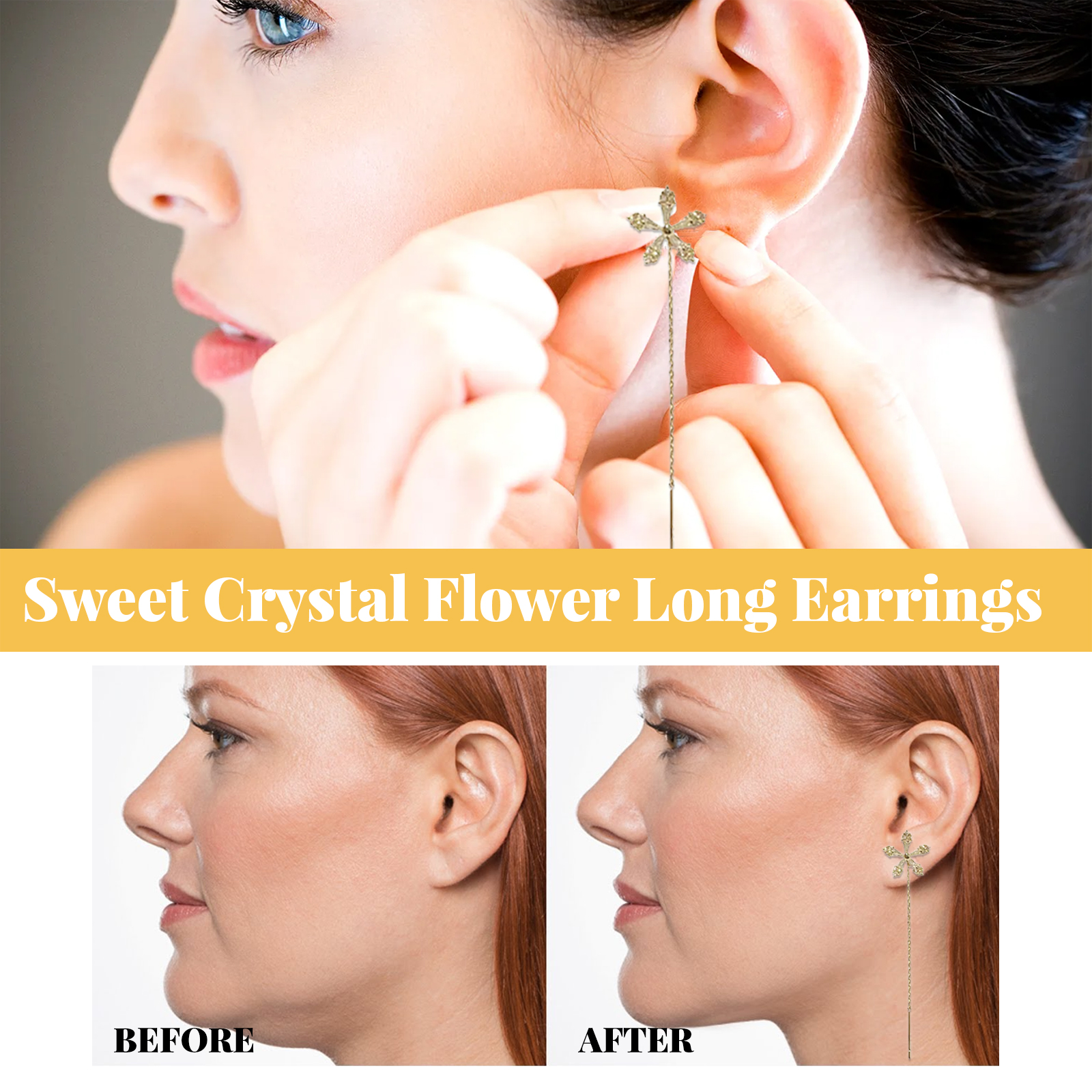 Woman fastening long floral drop earring