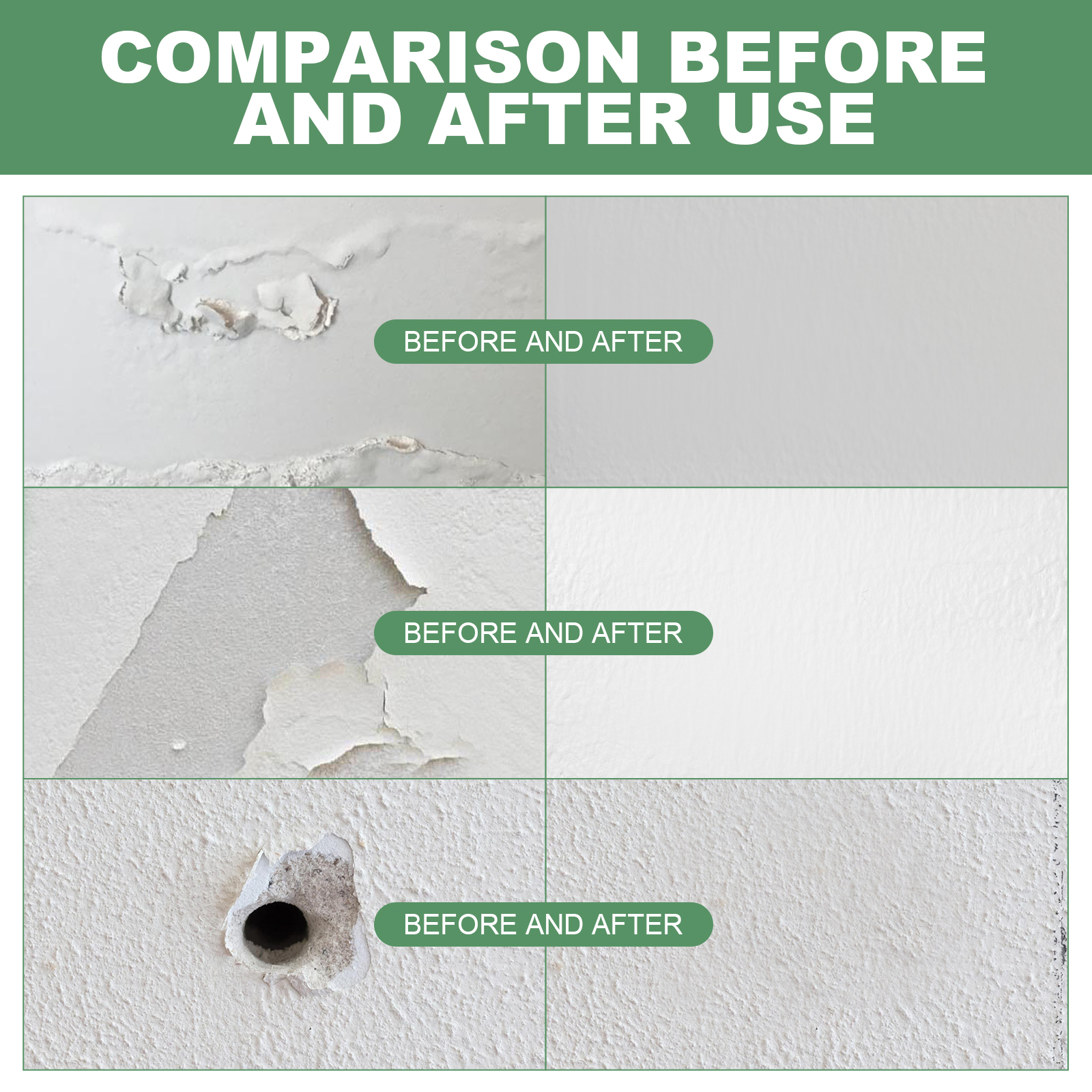 Before and after wall repair plaster covering surface damage