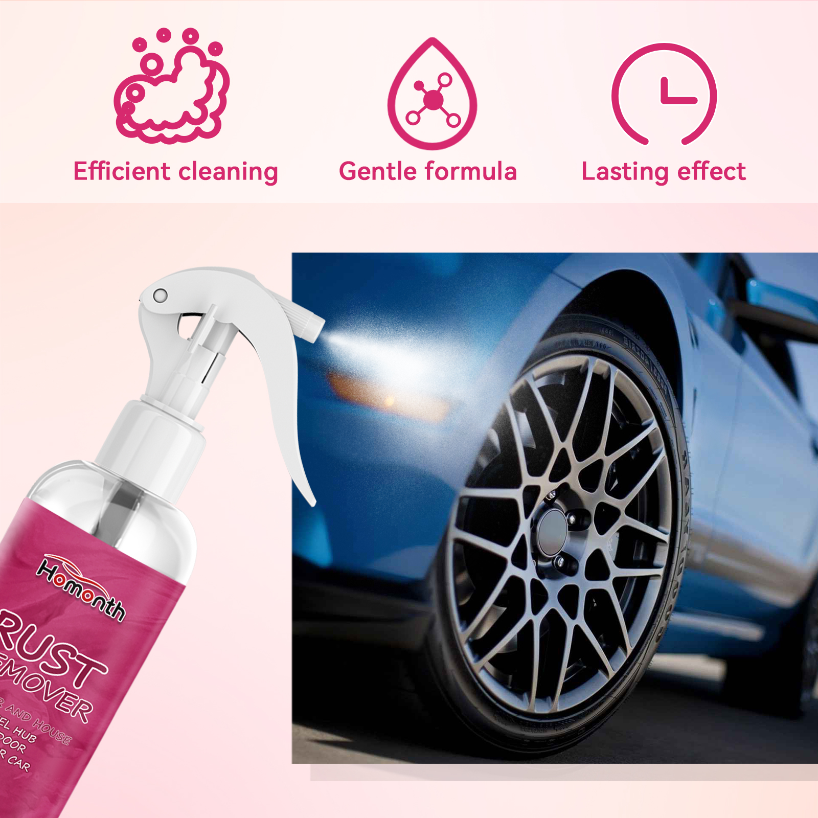 White trigger sprayer aimed toward a rusty alloy wheel