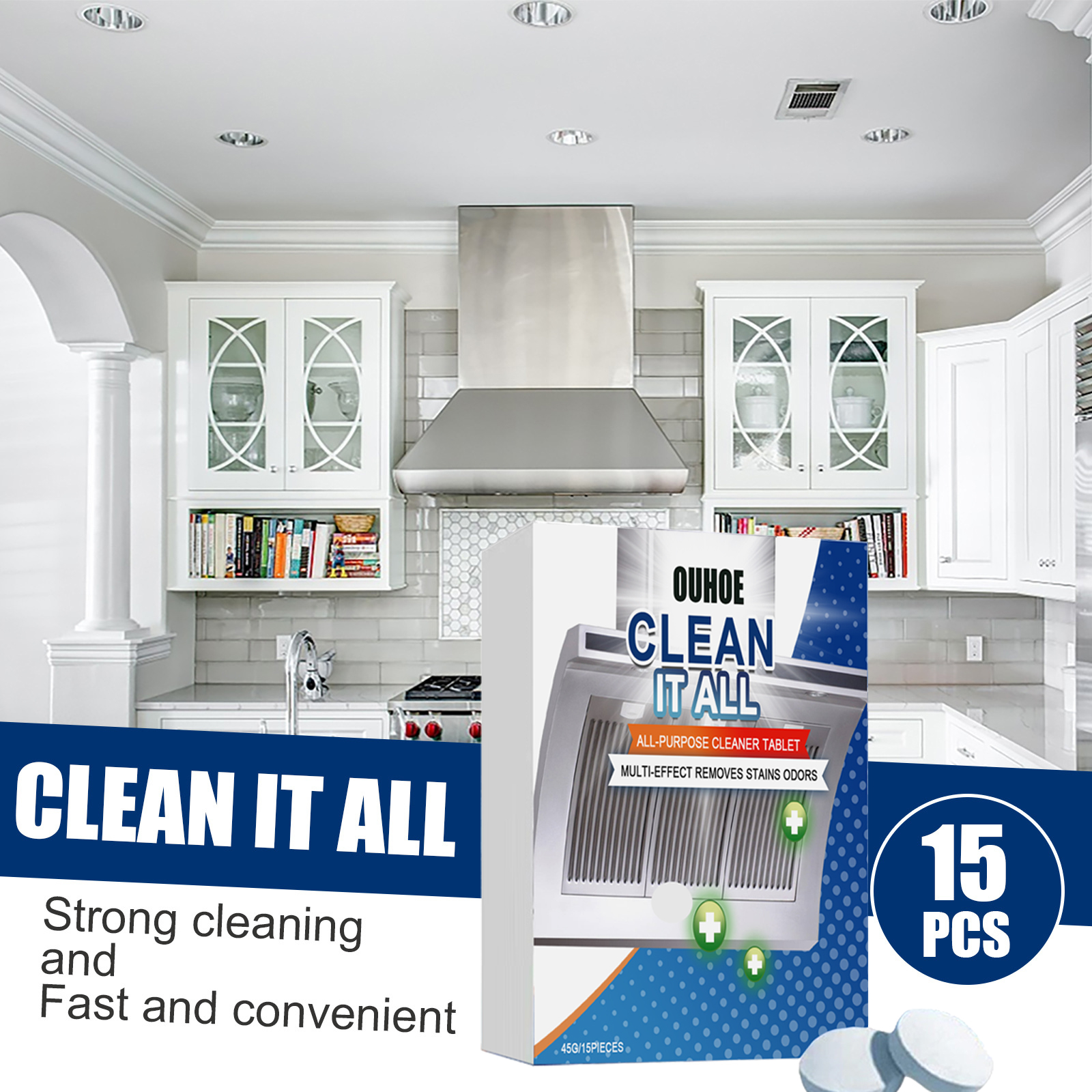 Cleaning tablets styled beside greasy kitchen appliances