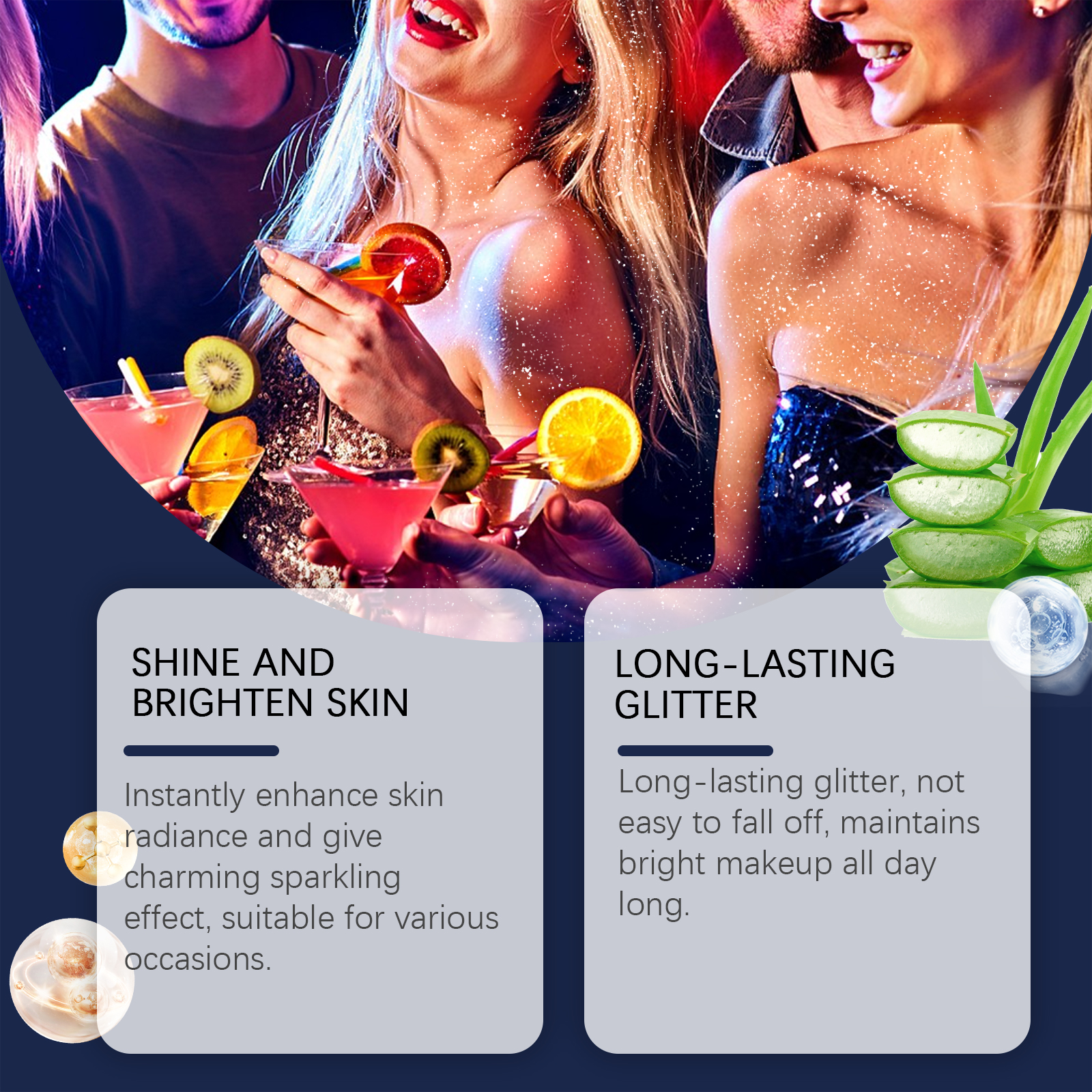 Partygoers showing glittery skin in evening light